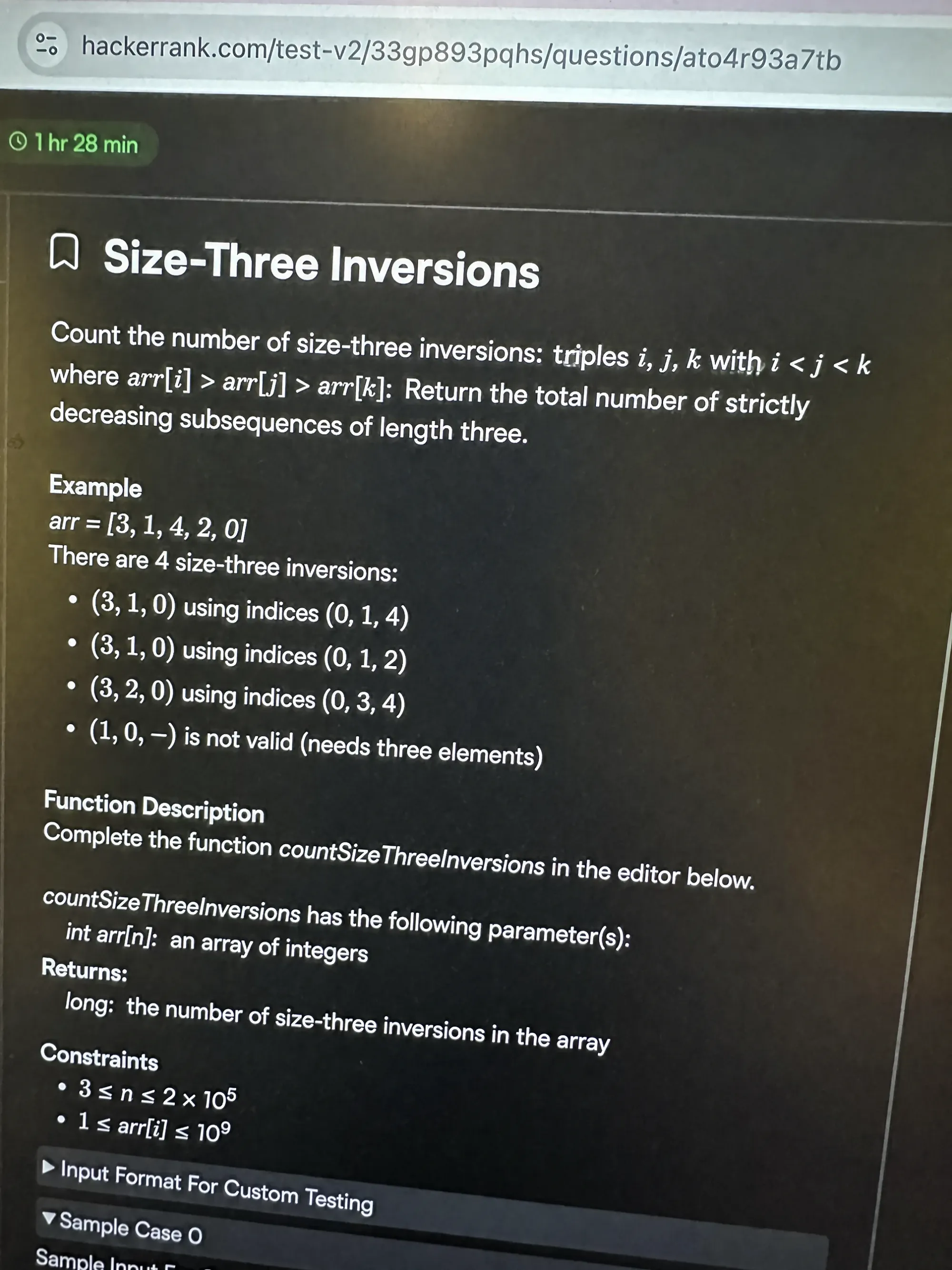 Goldman Sachs HackerRank OA: Question 2 Size-Three Inversions prompt