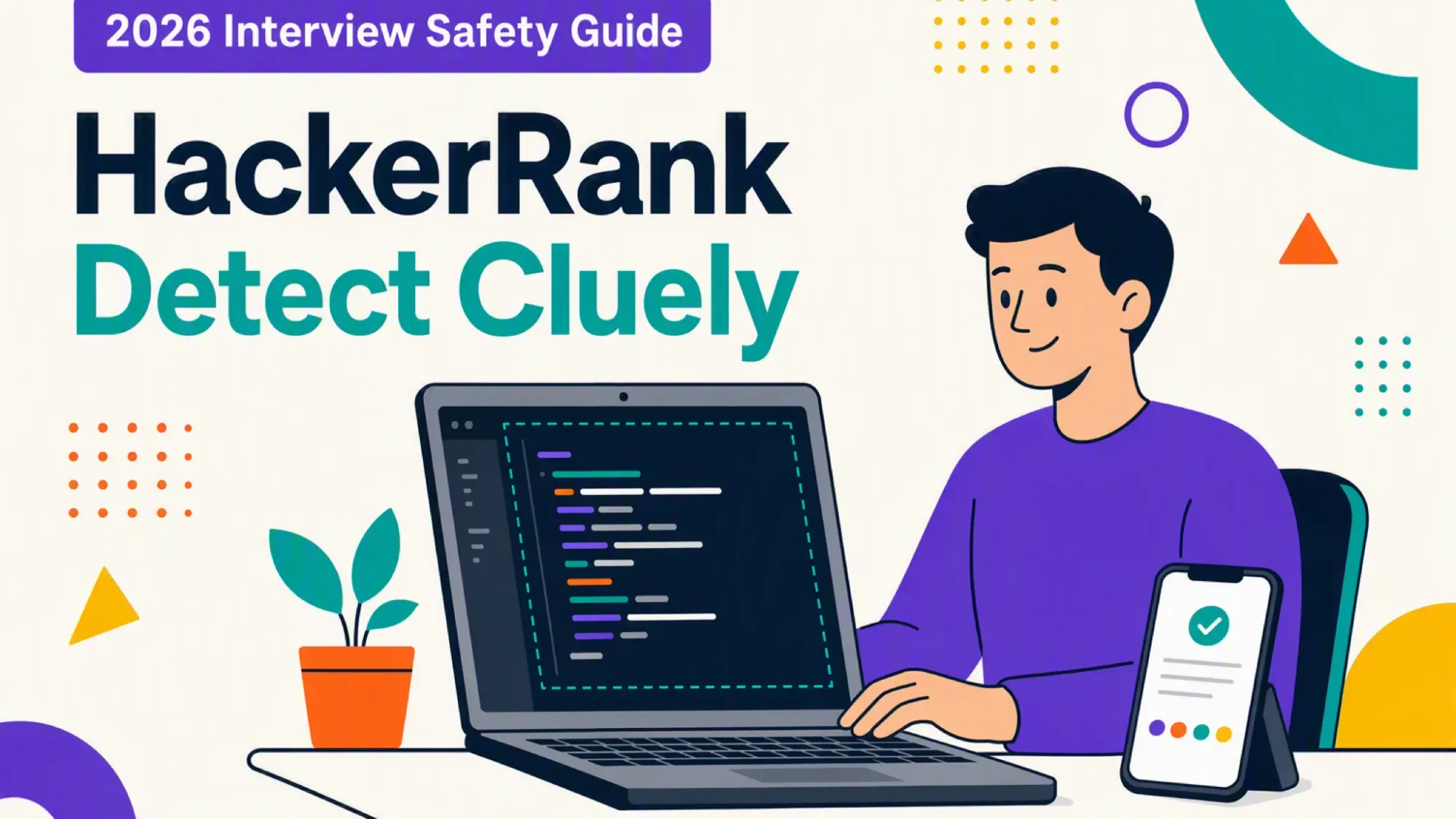 Flat illustration of a candidate at a laptop running a HackerRank assessment, a phone beside it, titled 'Does HackerRank Detect Cluely?'