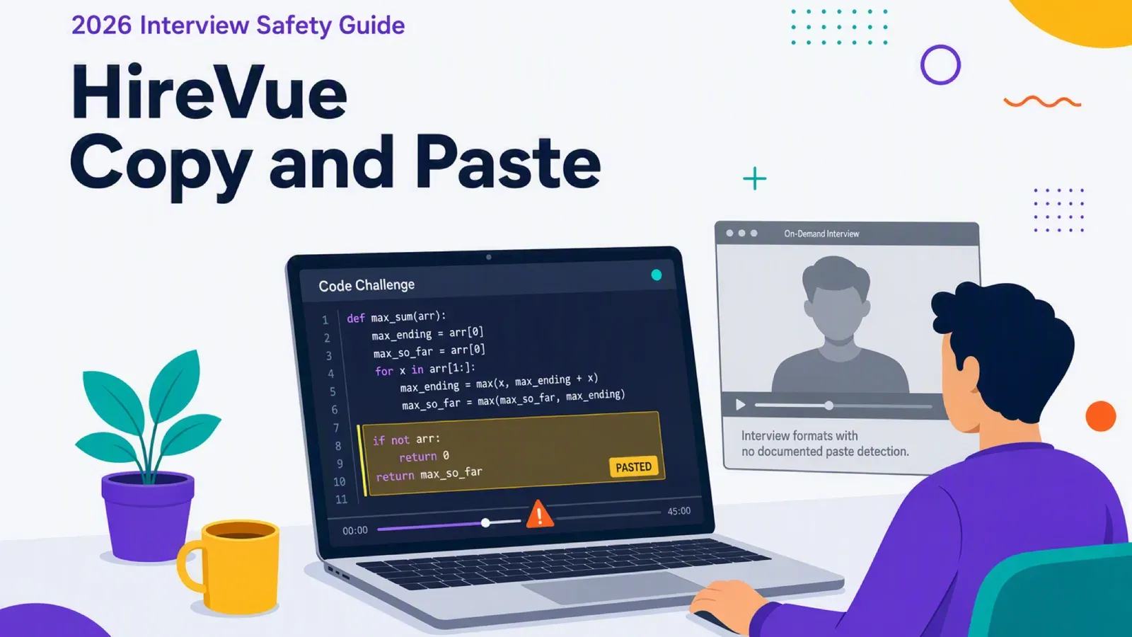 HireVue copy and paste guide cover: a code-challenge window shows a highlighted paste event on the reviewer playback timeline while an on-demand video window stays grayed out.