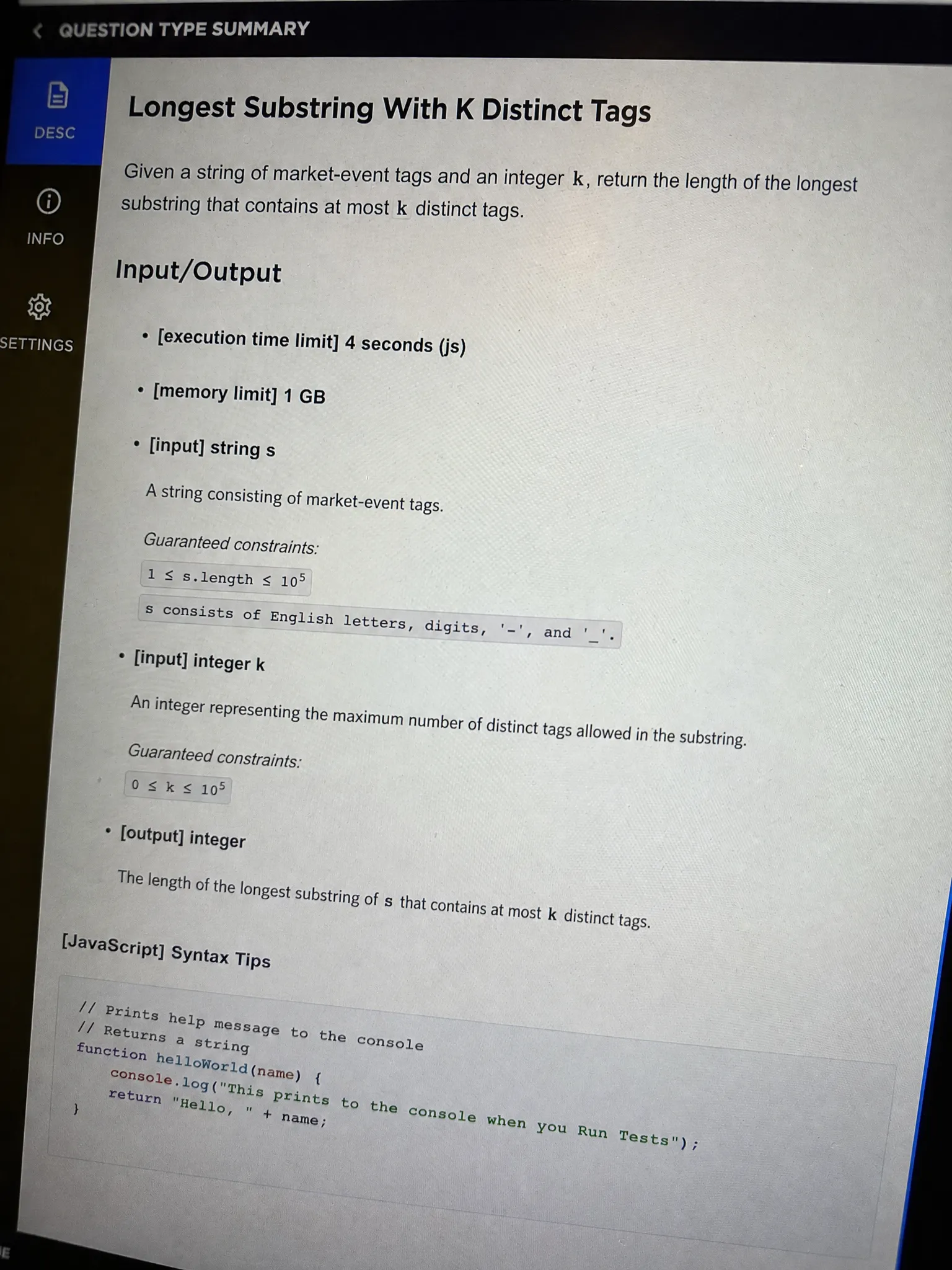 CodeSignal OA question 2 — Longest Substring With K Distinct Tags
