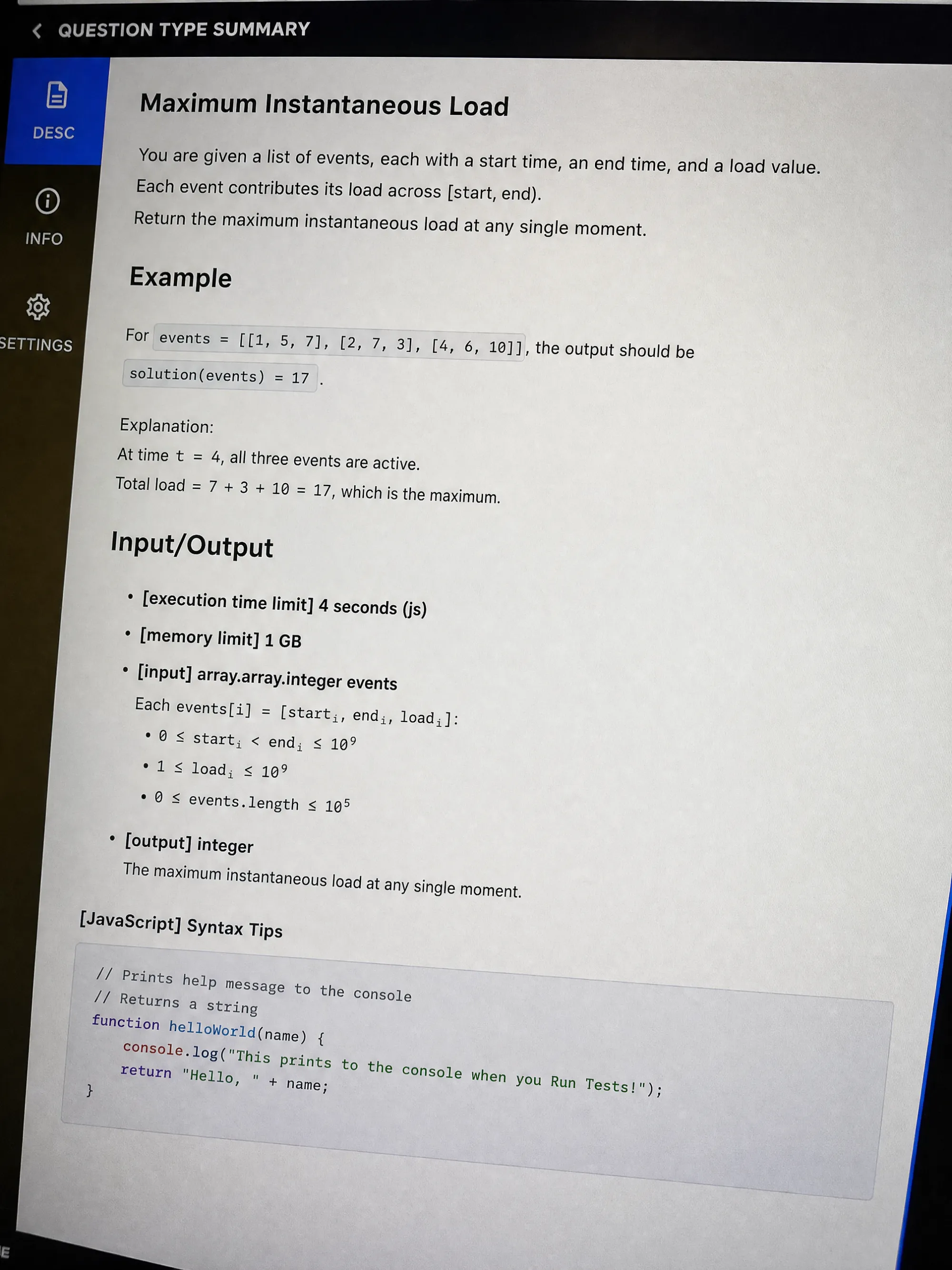 CodeSignal OA question 3 — Maximum Instantaneous Load