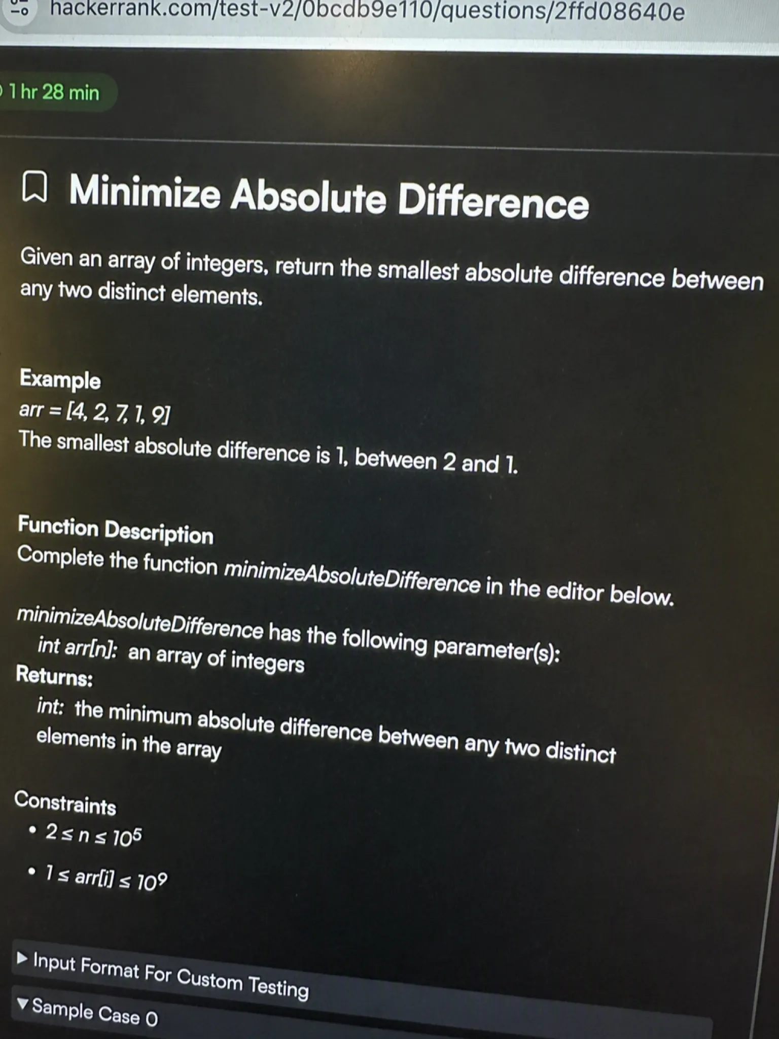 HackerRank OA question 1: Minimize Absolute Difference