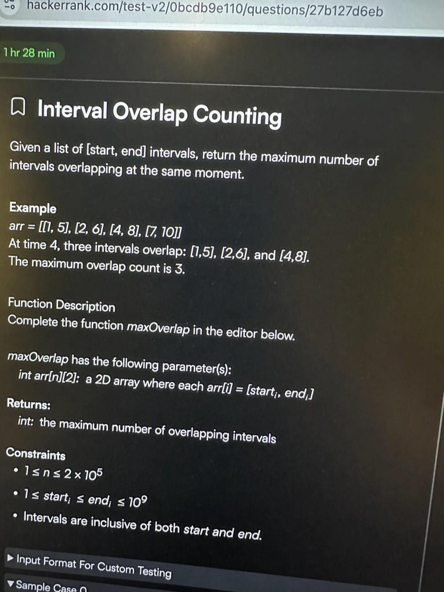 HackerRank OA question 2: Interval Overlap Counting
