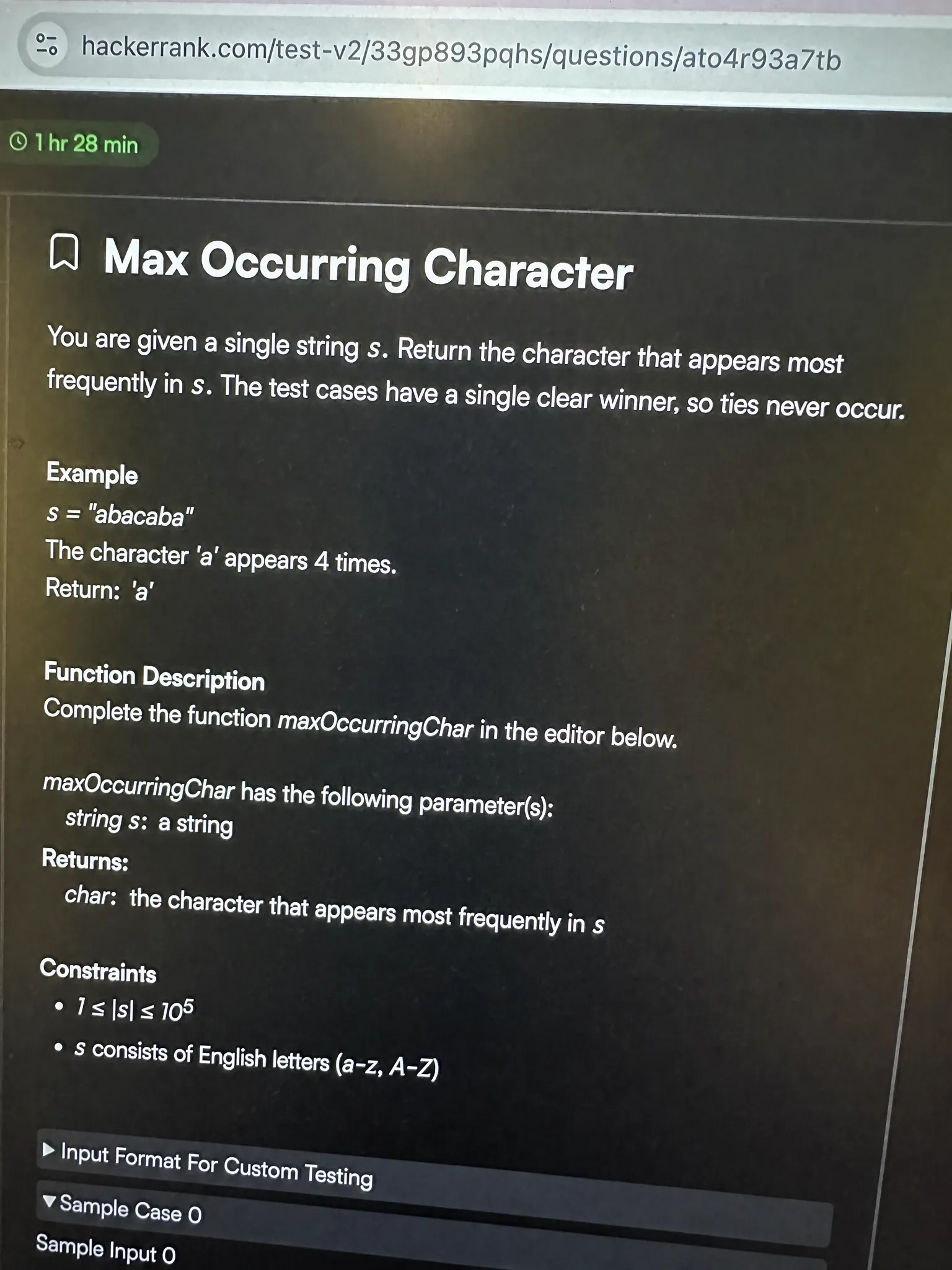 HackerRank OA question 1 — Max Occurring Character