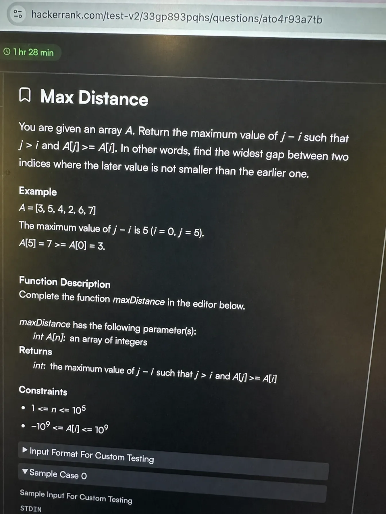 HackerRank OA question 3 — Max Distance