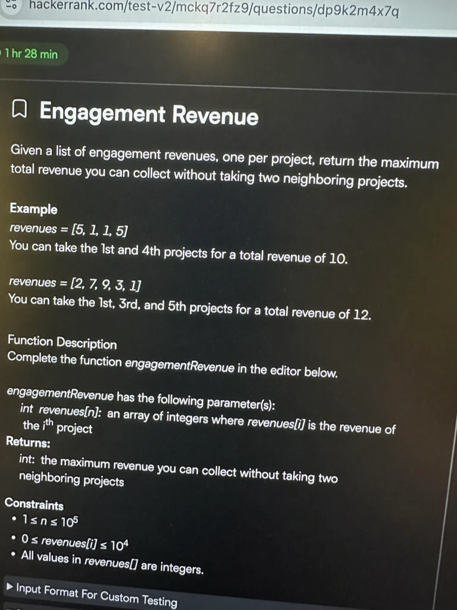 HackerRank OA question 1, Engagement Revenue
