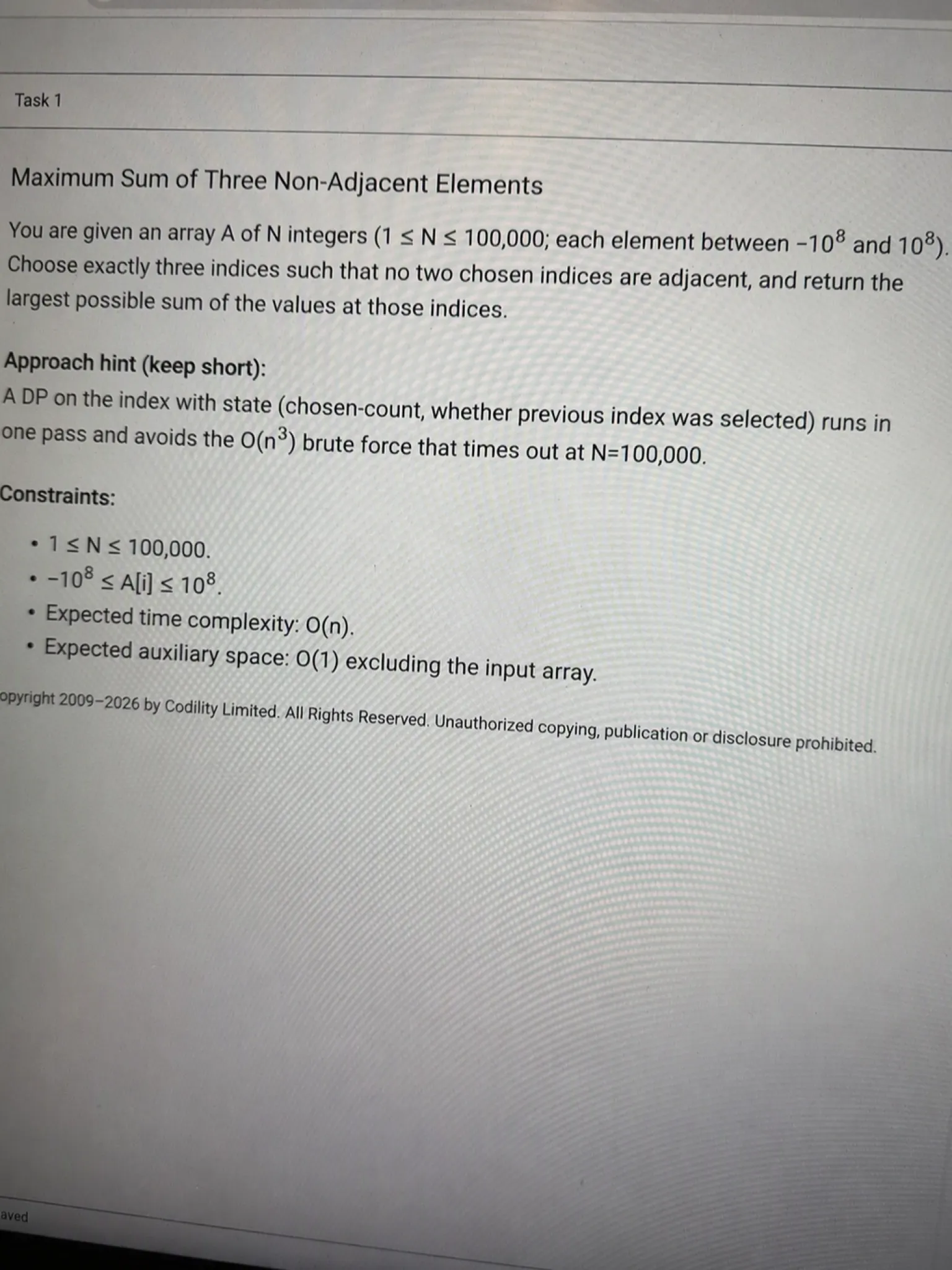 Microsoft Codility Question 2 — Maximum Sum of Three Non-Adjacent Elements