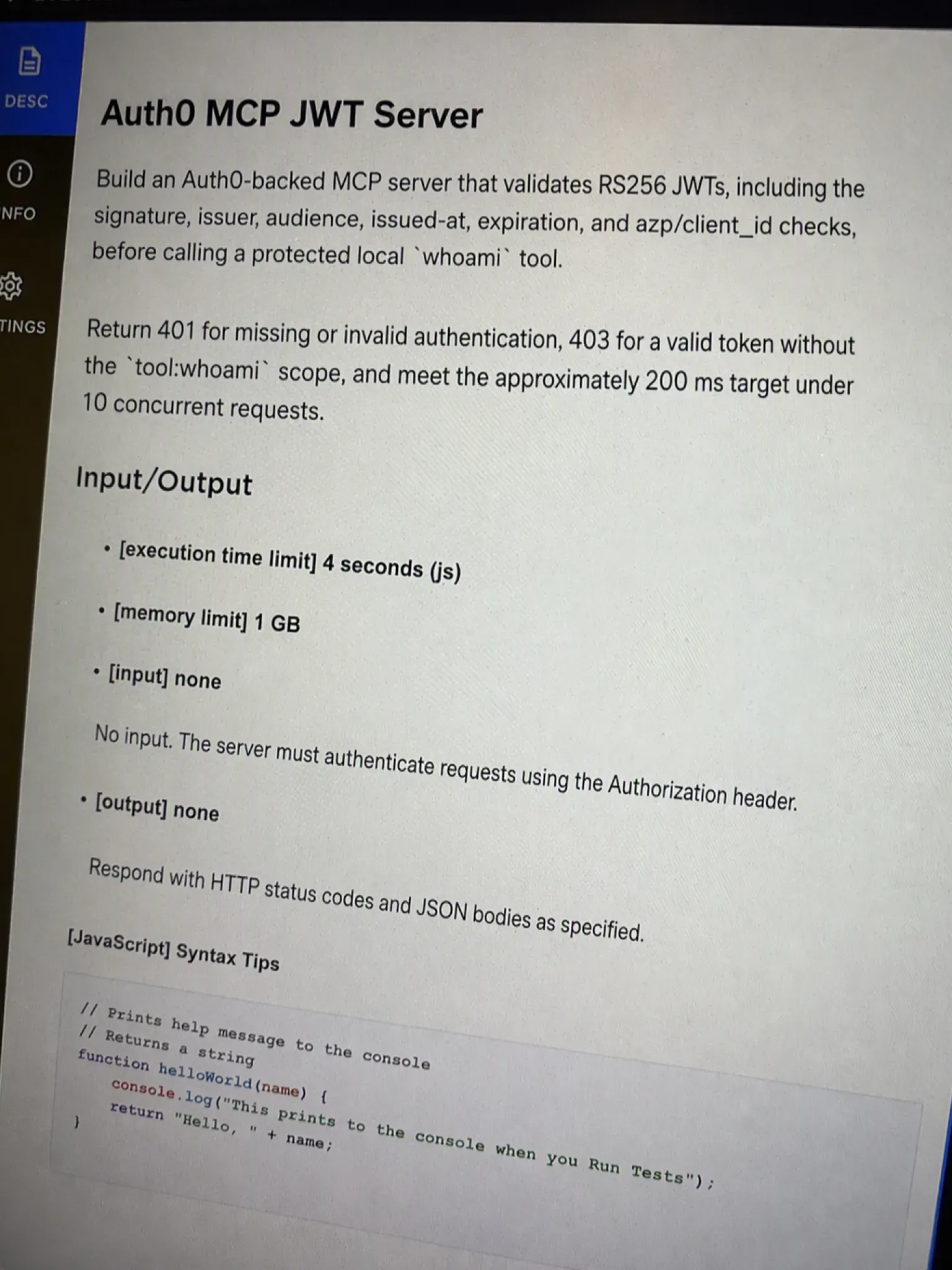 CodeSignal OA question 1 — Auth0 MCP JWT Server