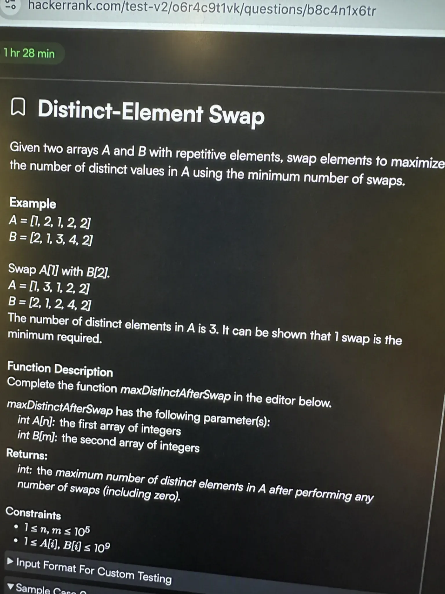 The Oracle HackerRank problem panel showing the Distinct-Element Swap question