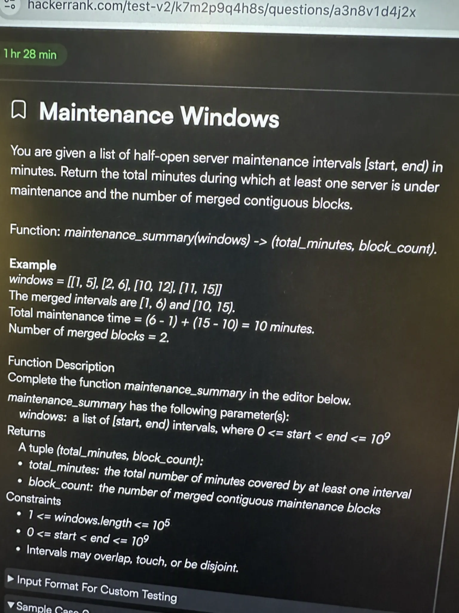 Maintenance Windows problem panel as it appeared in the Palantir HackerRank OA