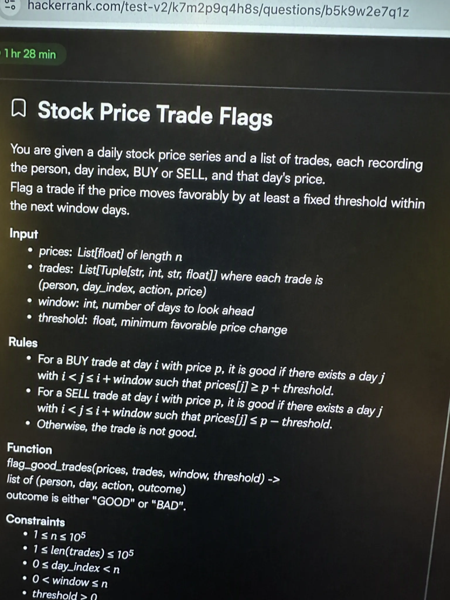 Stock Price Trade Flags problem panel as it appeared in the Palantir HackerRank OA