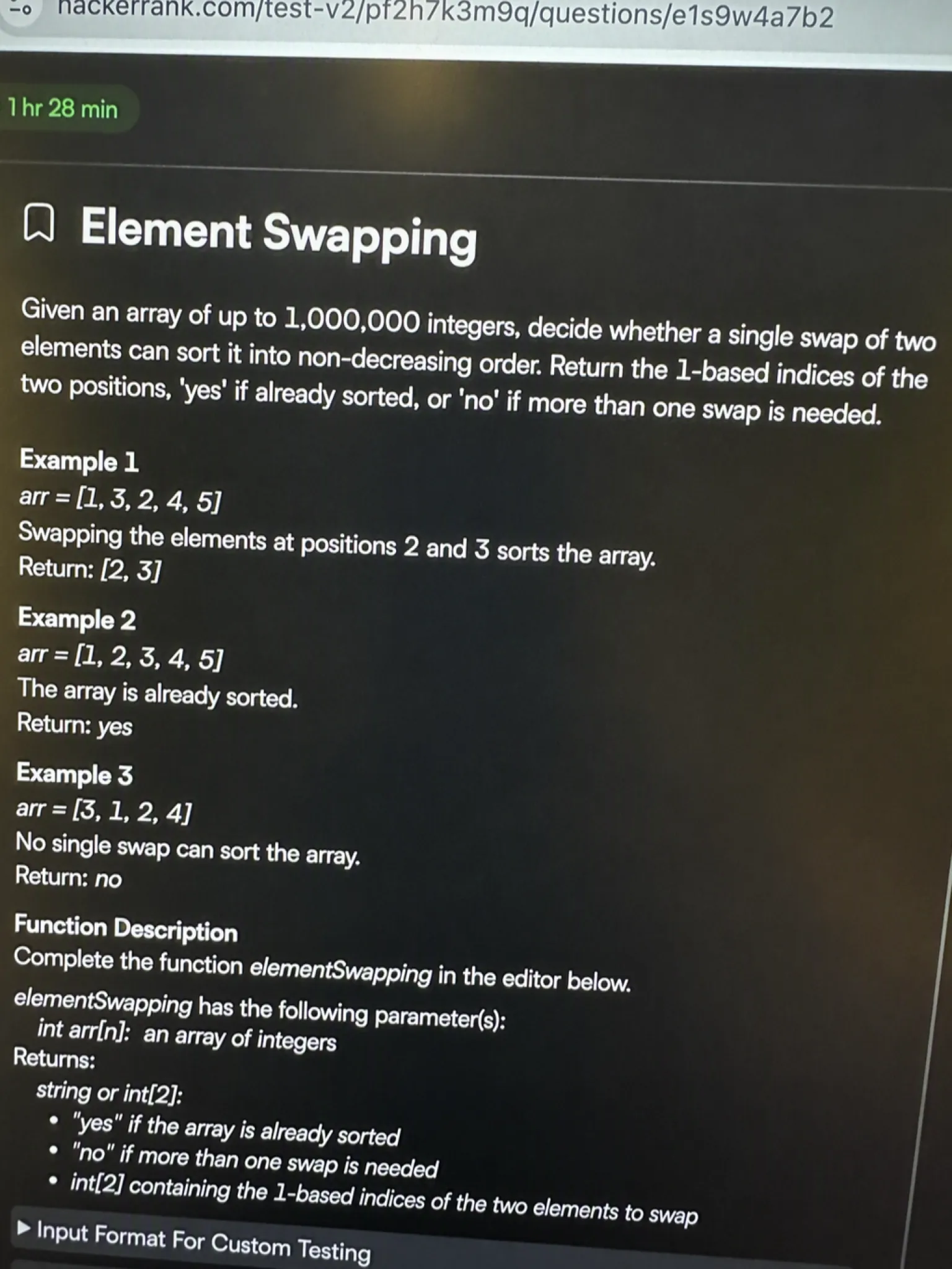 HackerRank OA question 1: Element Swapping
