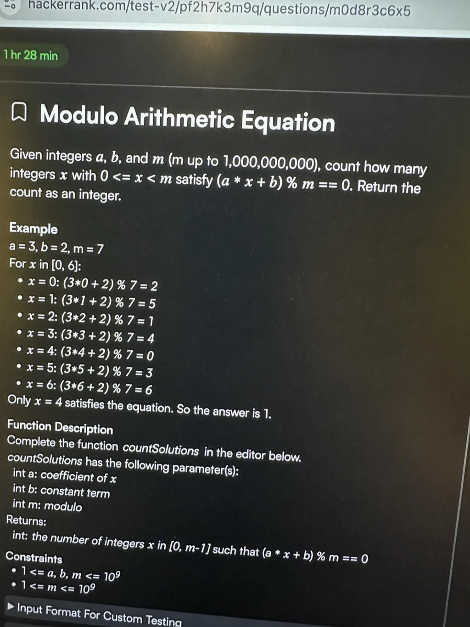 HackerRank OA question 2: Modulo Arithmetic Equation