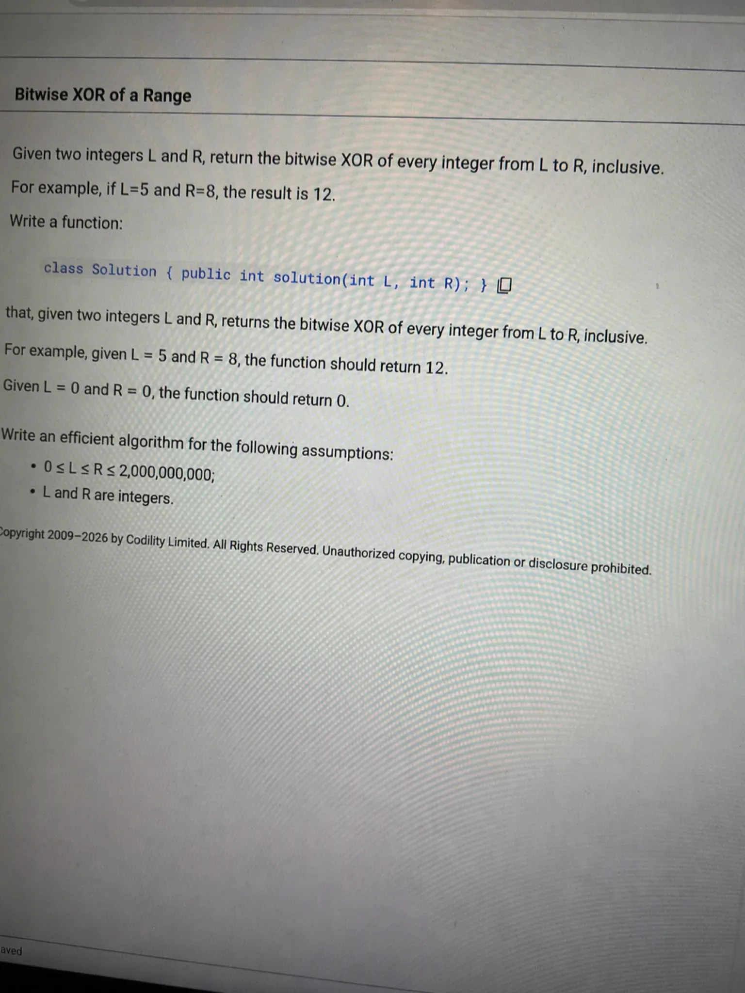 Codility OA question 1: Bitwise XOR of a Range