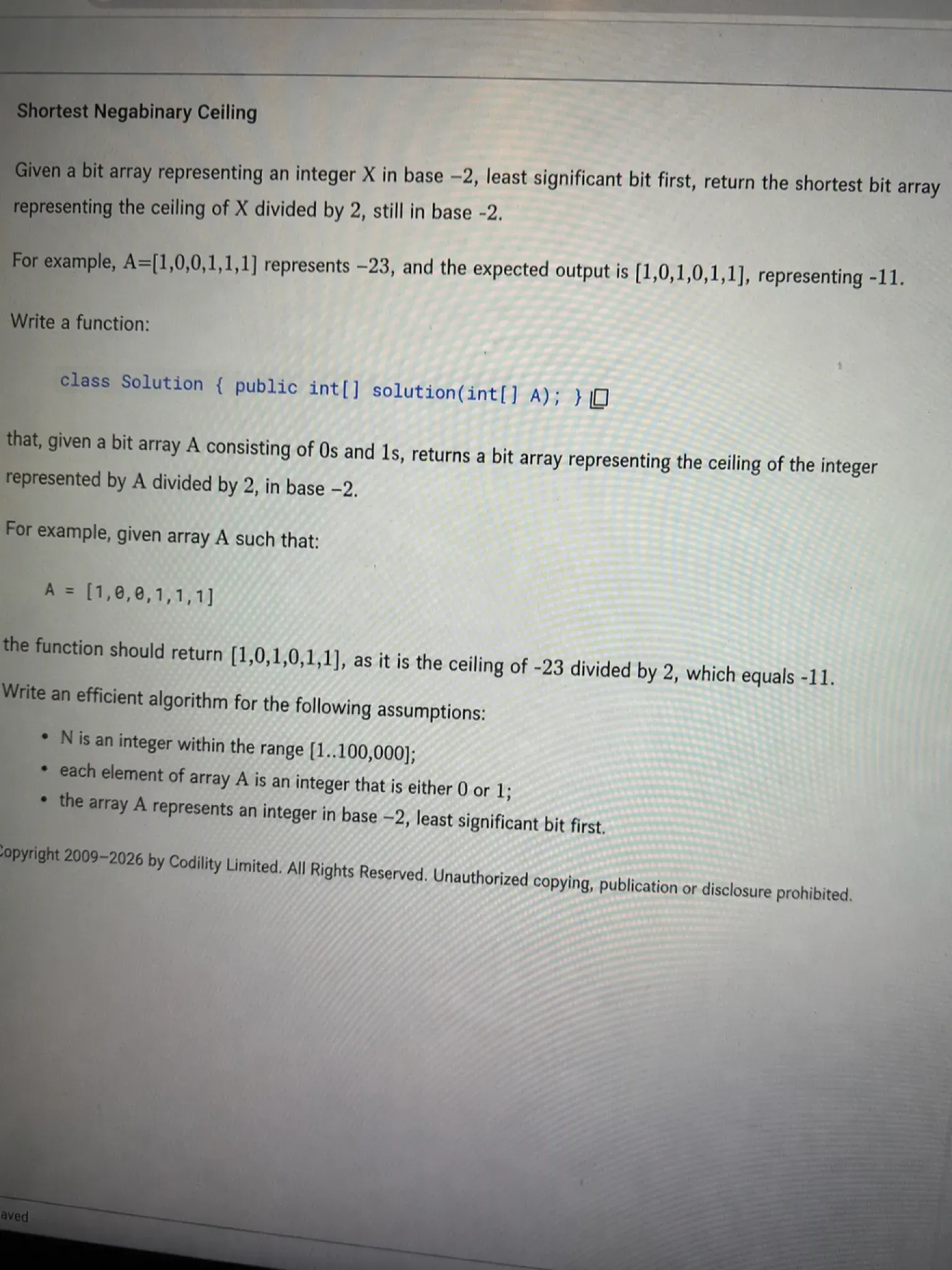 Codility OA question 2: Shortest Negabinary Ceiling