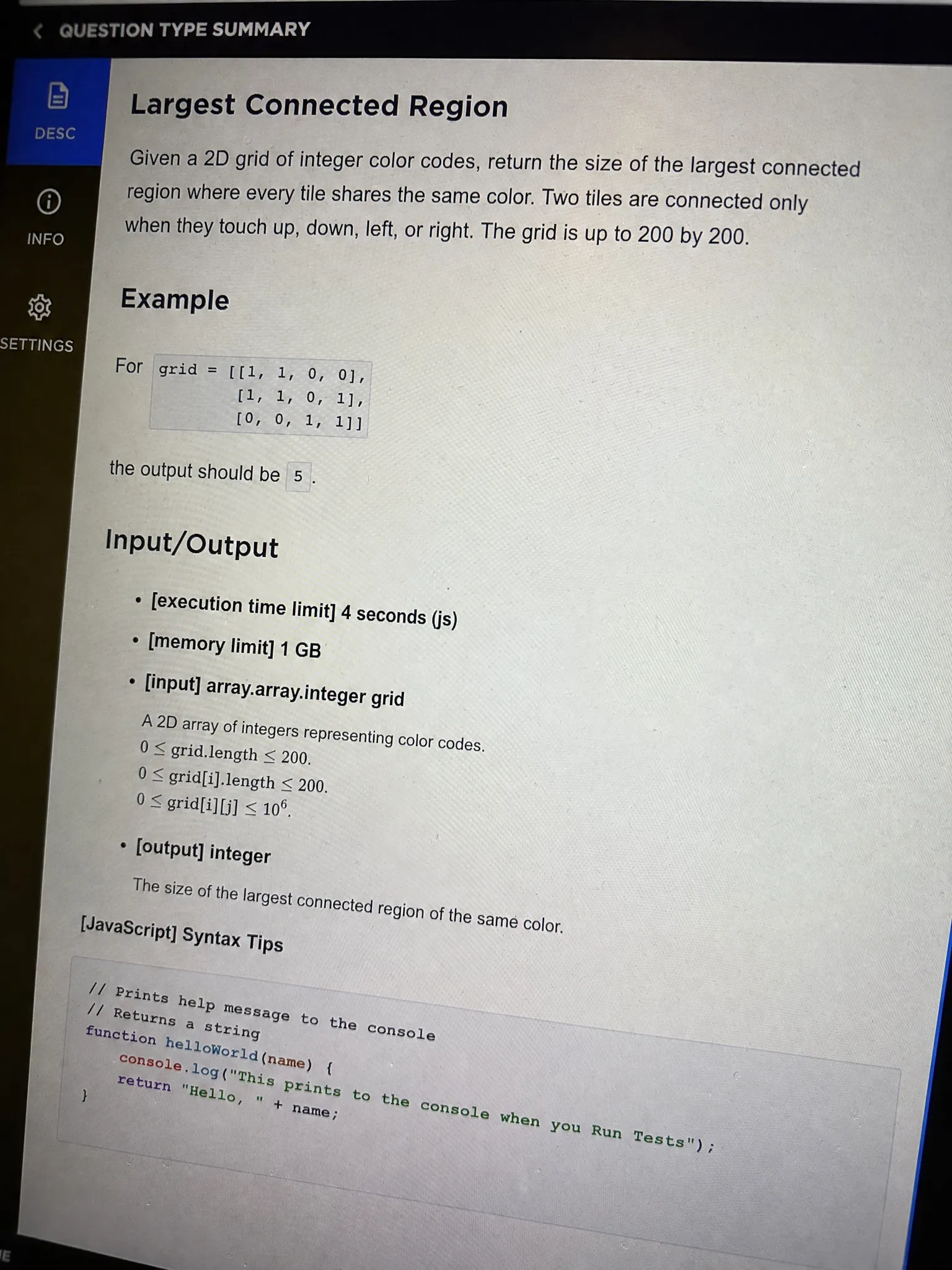 Roblox CodeSignal RCA Question 1: Largest Connected Region