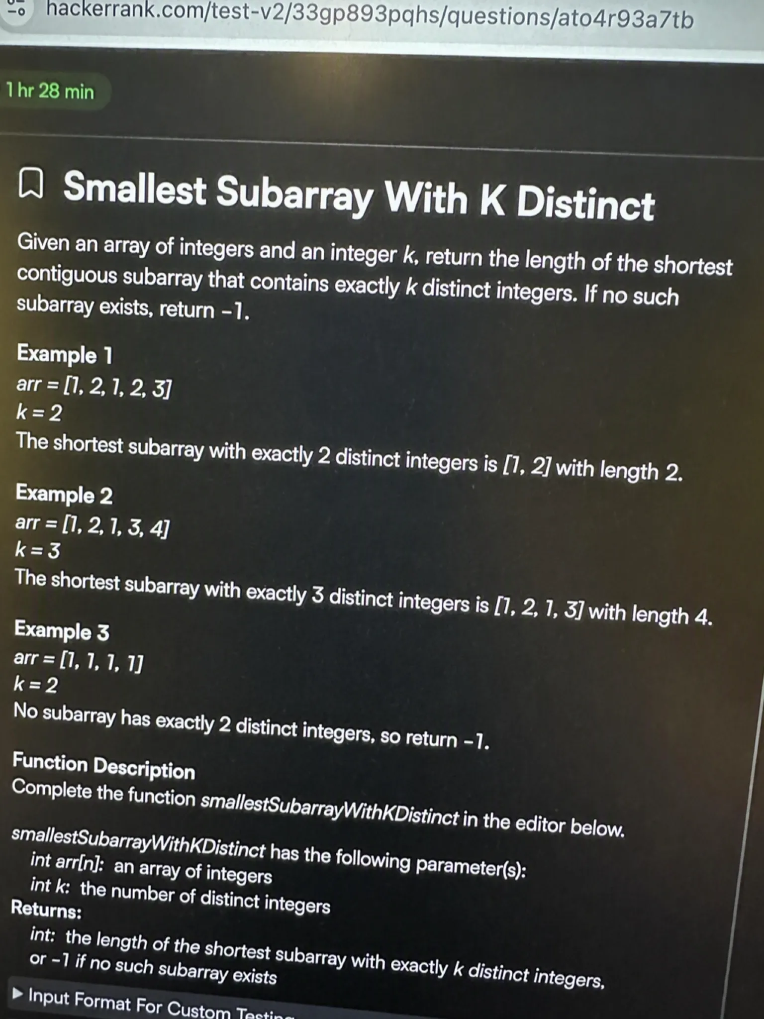 HackerRank OA question 1 - Smallest Subarray With K Distinct