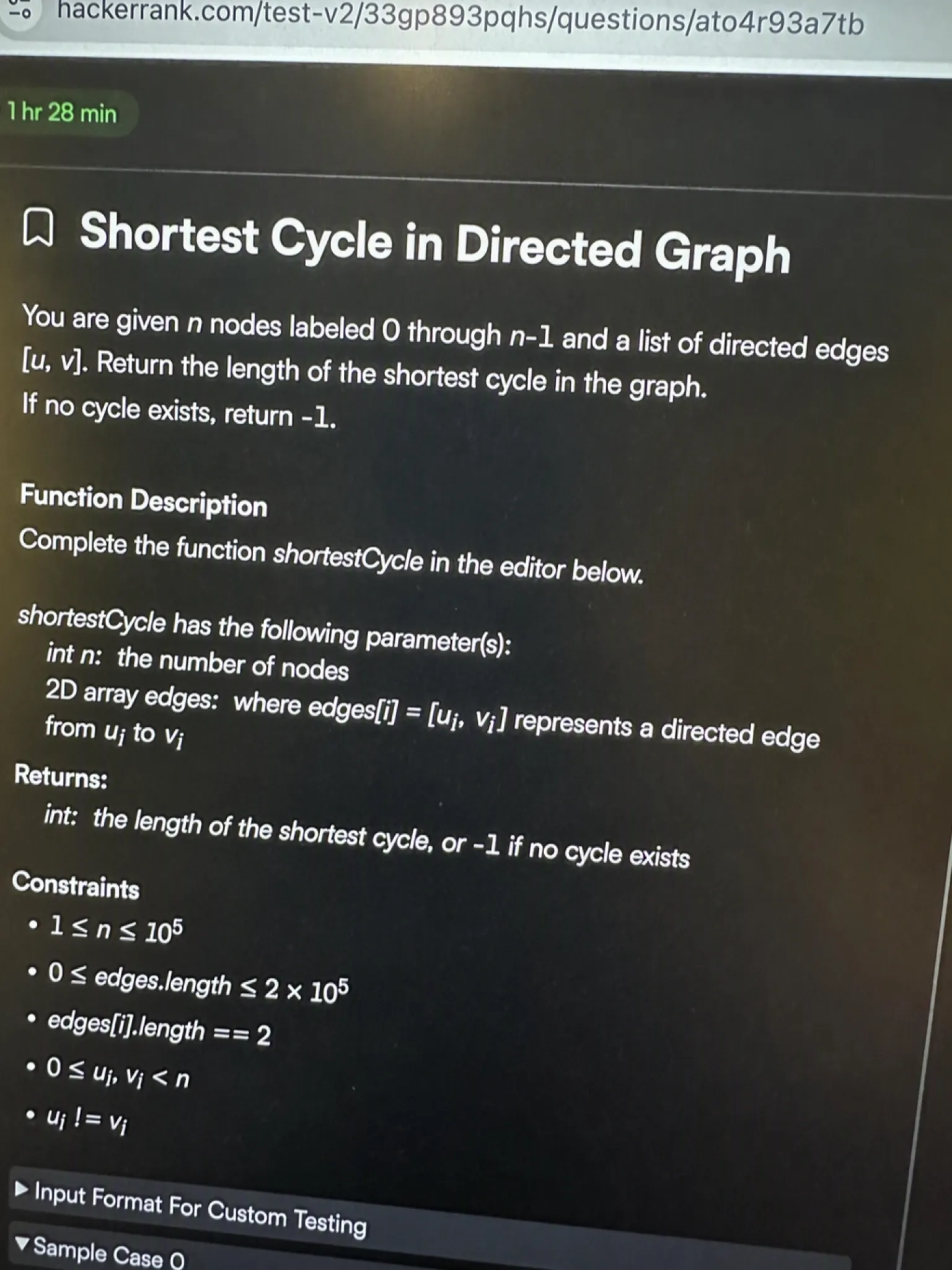 HackerRank OA question 2 - Shortest Cycle in Directed Graph
