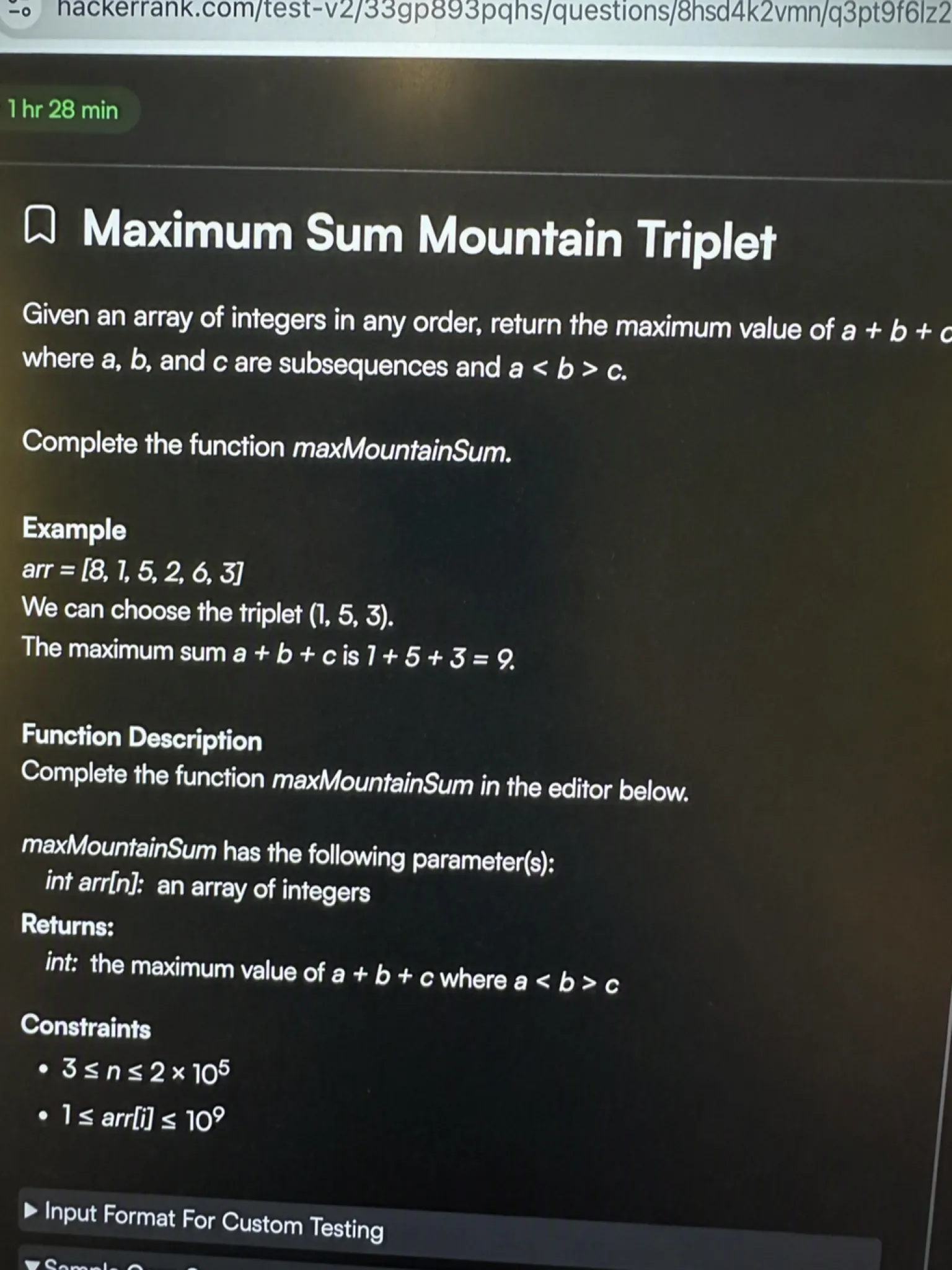 HackerRank OA question 1 — Maximum Sum Mountain Triplet