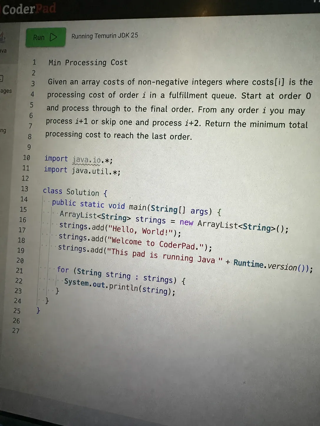 CoderPad screenshot for Question 1 — Min Processing Cost