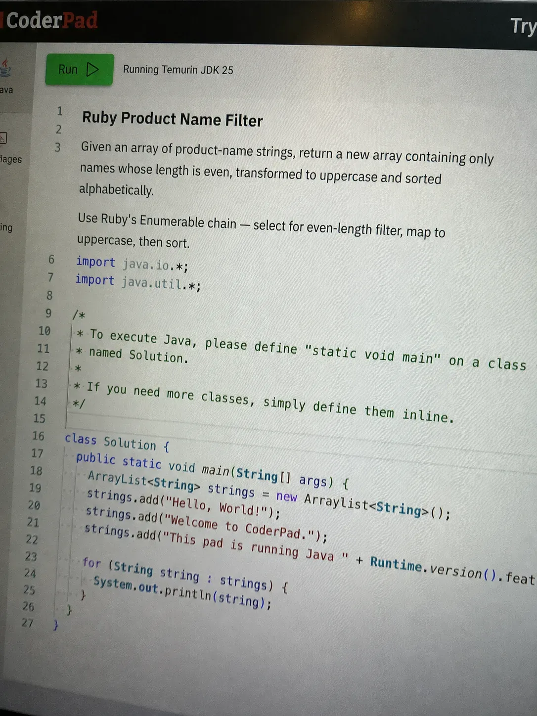 CoderPad screenshot for Question 2 — Ruby Product Name Filter