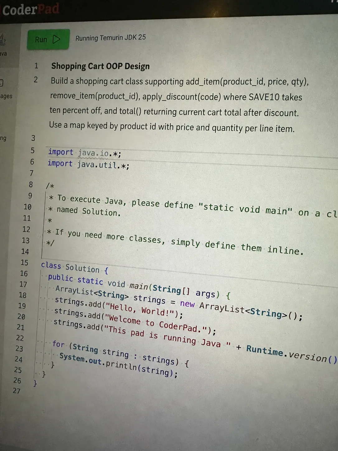 CoderPad screenshot for Question 3 — Shopping Cart OOP Design