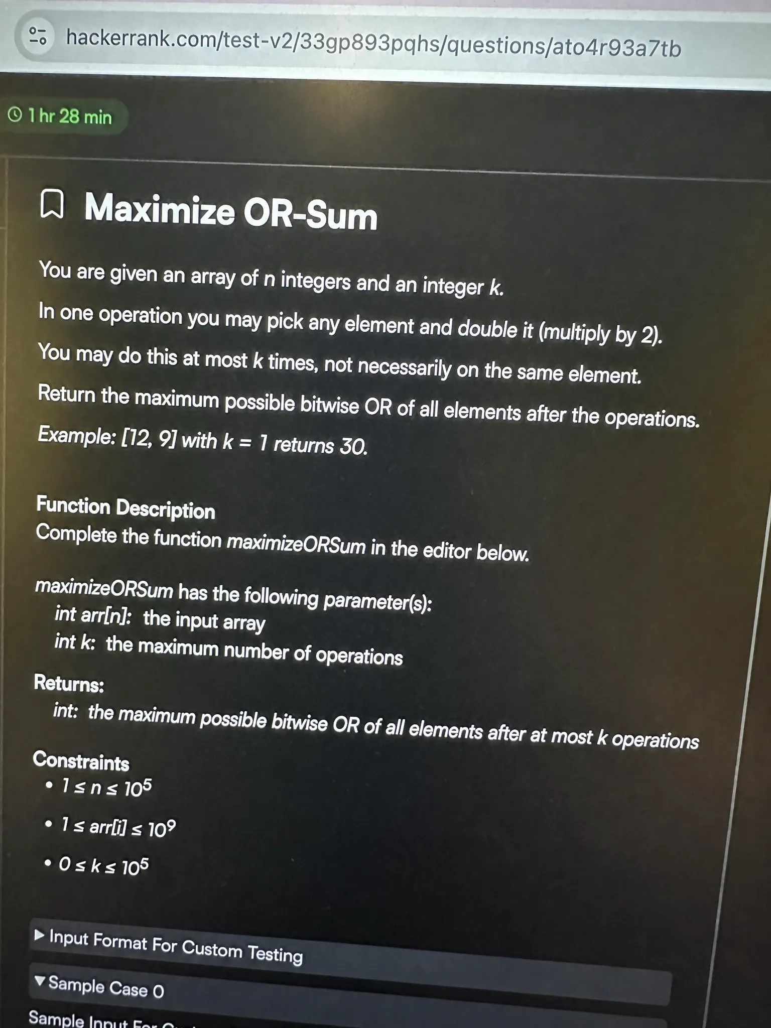 Snowflake HackerRank Question 1 — Maximize OR-Sum (Bit Manipulation)