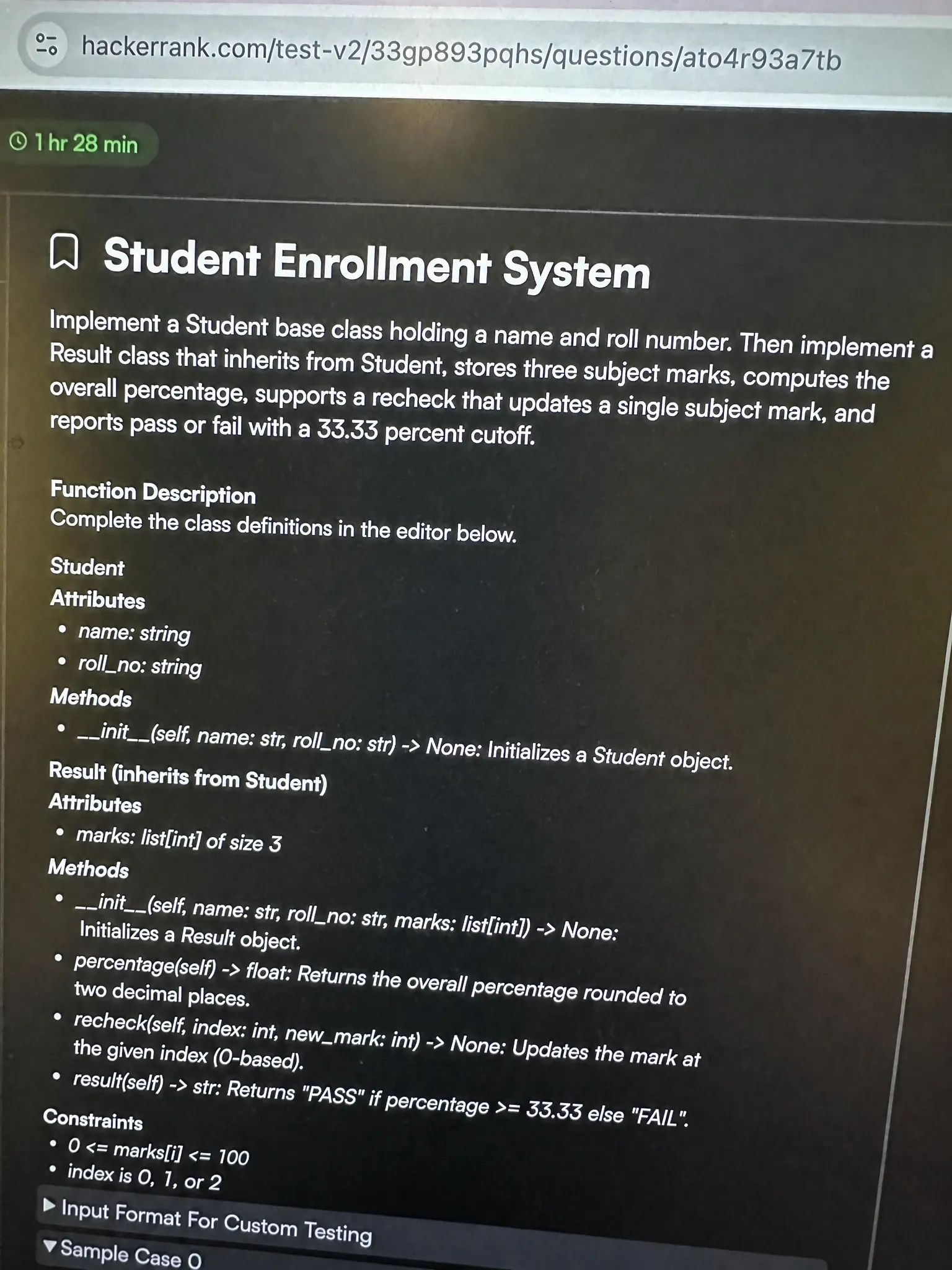 Snowflake HackerRank Question 2 — Student Enrollment System (OOP)