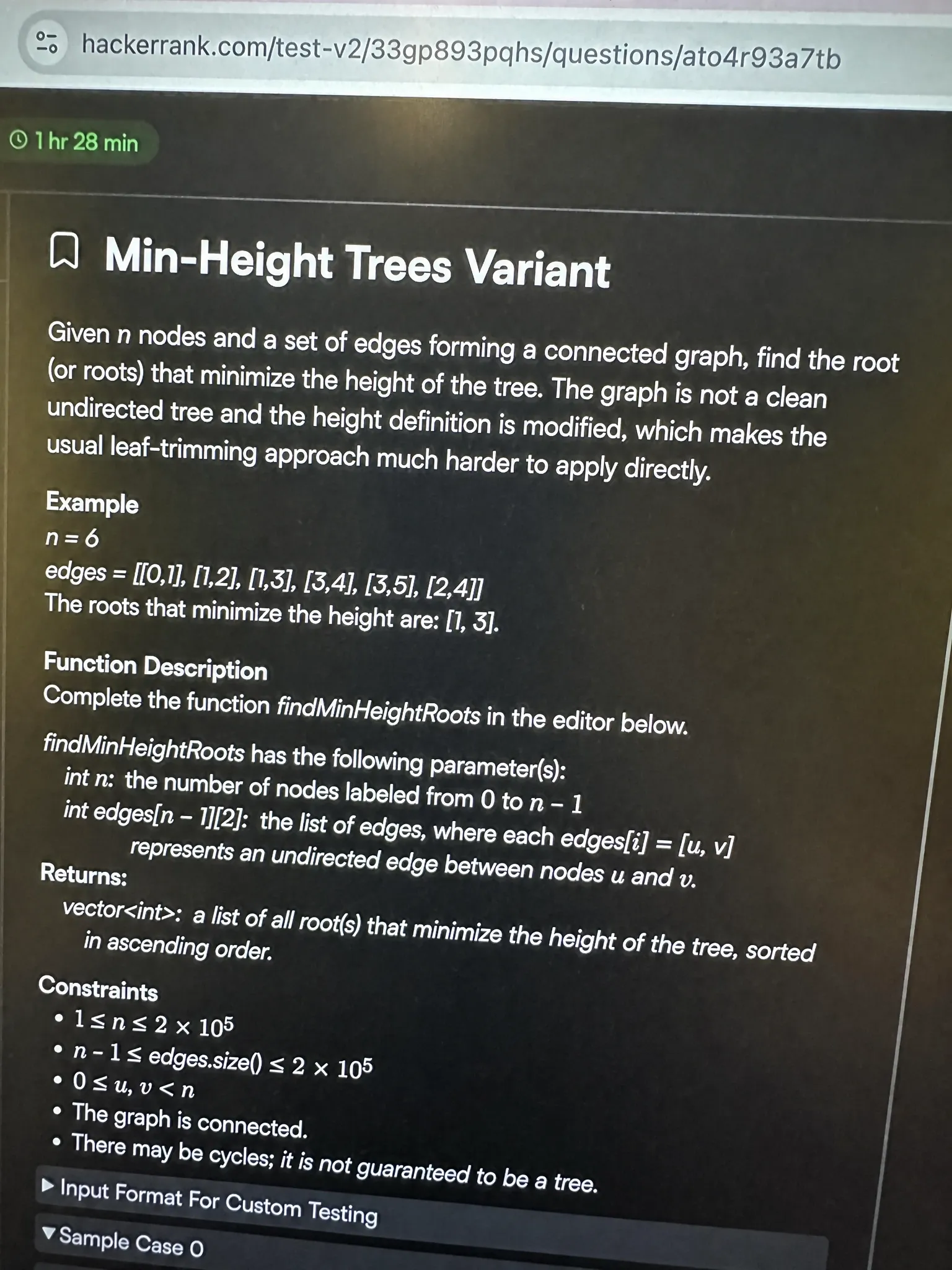 Snowflake HackerRank Question 3 — Graph, Min-Height-Trees Variant