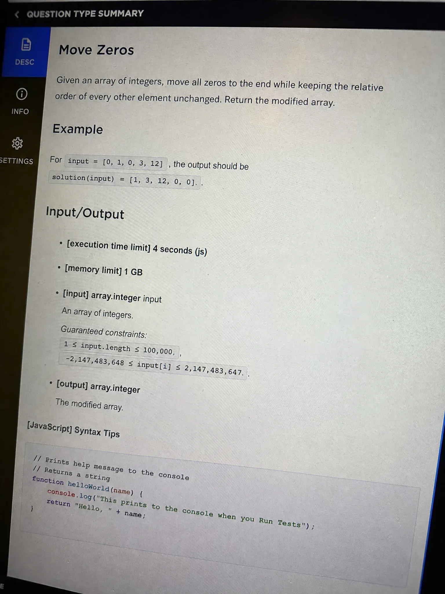 My CodeSignal OA screen for Question 2, move all zeros to the end