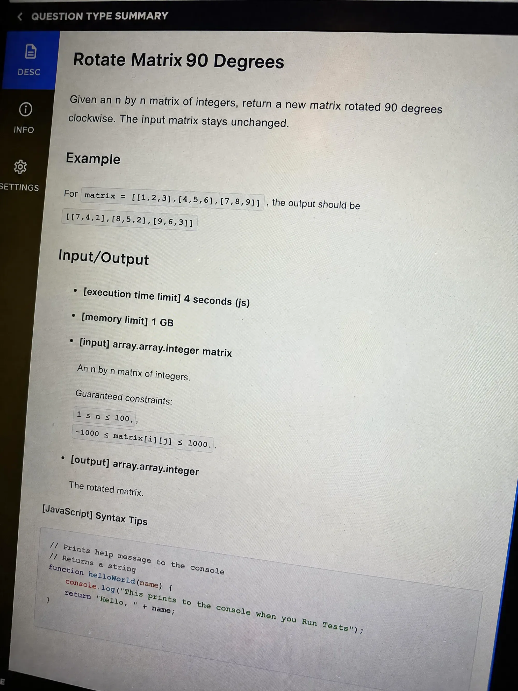 My CodeSignal OA screen for Question 3, rotate an n by n matrix 90 degrees clockwise