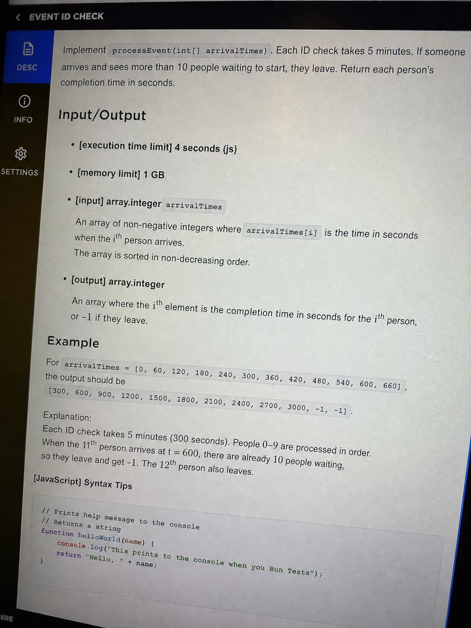 My CodeSignal OA screen for Question 4, event ID-check queue with a ten-person cap