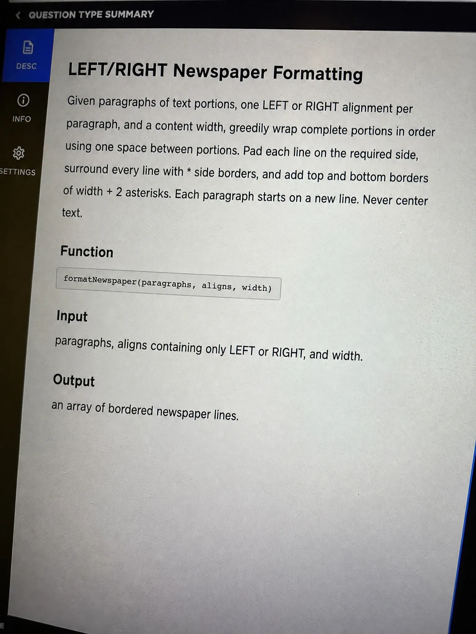 CodeSignal OA question 4: LEFT and RIGHT newspaper formatting