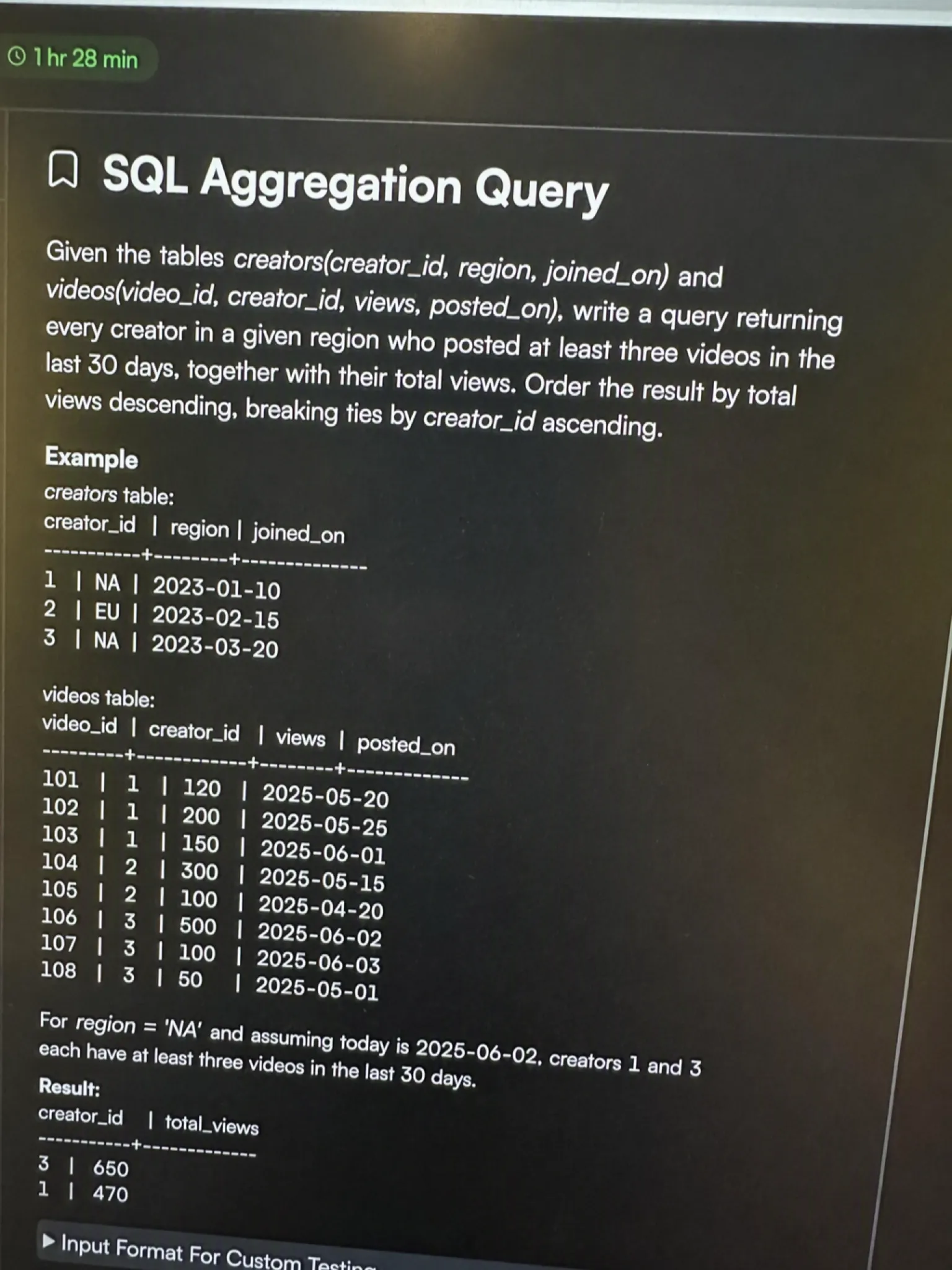 HackerRank OA question 3: SQL Aggregation Query