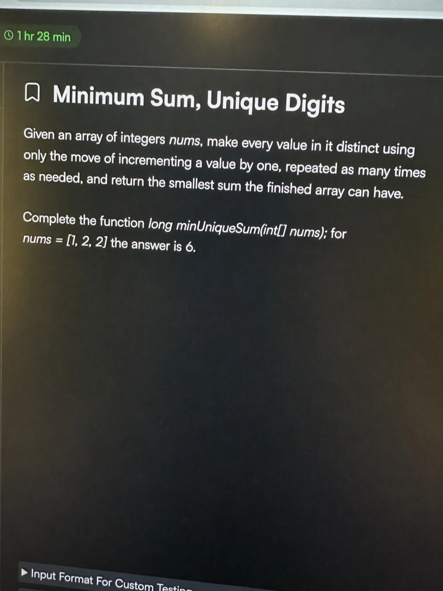 HackerRank OA question 4: Minimum Sum Unique Digits