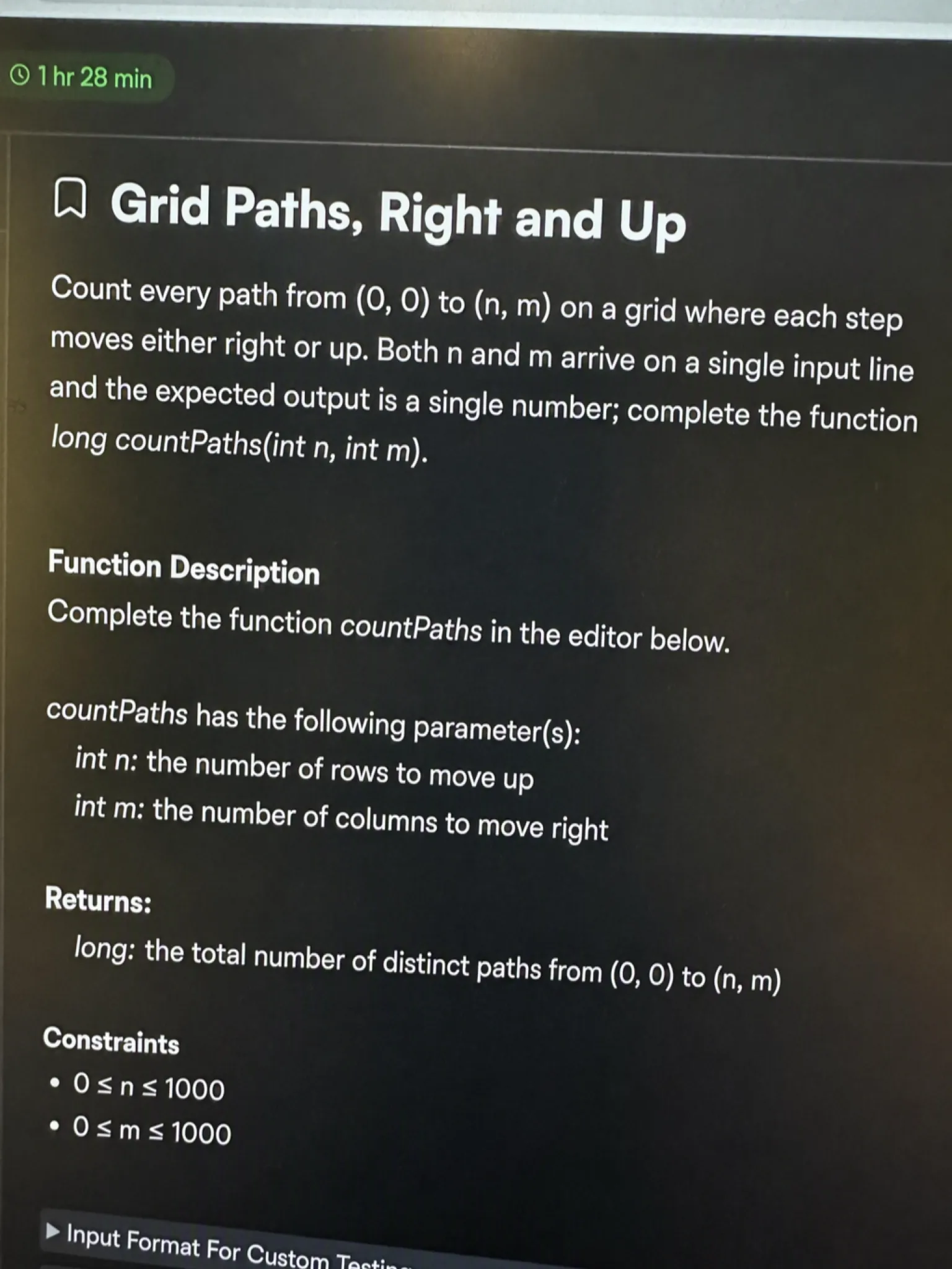 HackerRank OA question 5: Grid Paths Right and Up
