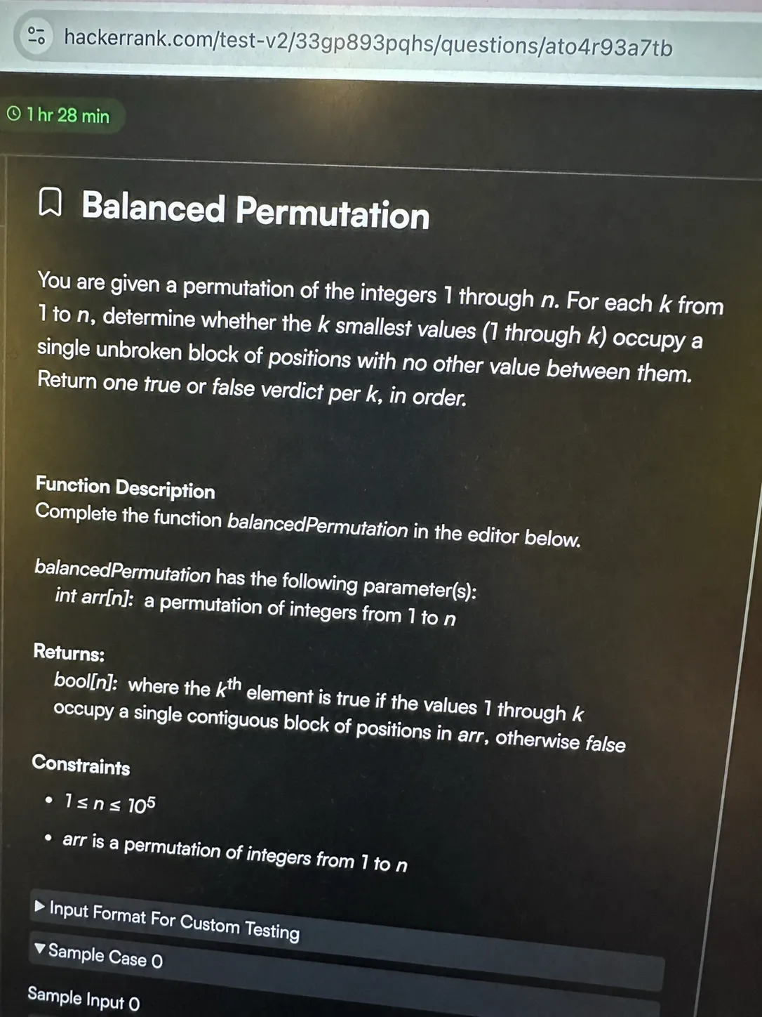 HackerRank OA question 1: Balanced Permutation in the problem panel, code editor on the right