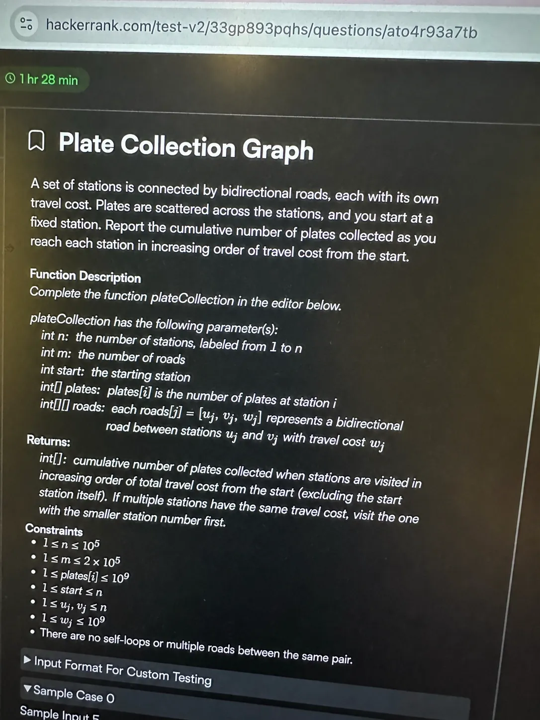 HackerRank OA question 2: Plate Collection Graph in the problem panel, code editor on the right
