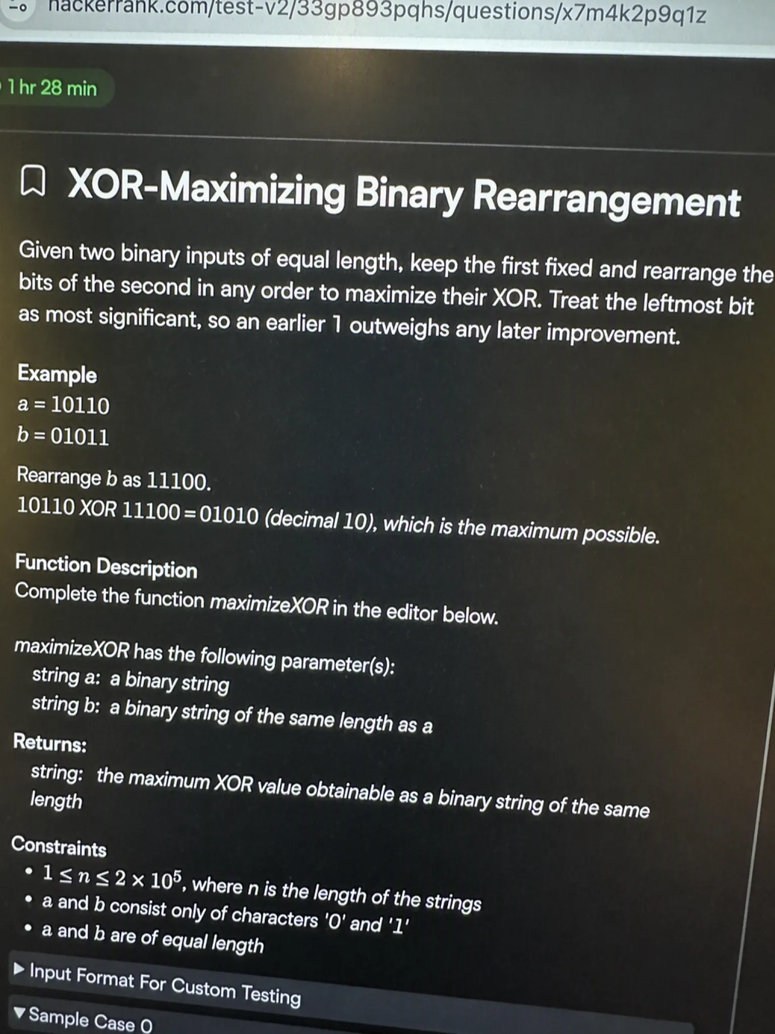 HackerRank OA question 1: XOR-Maximizing Binary Rearrangement