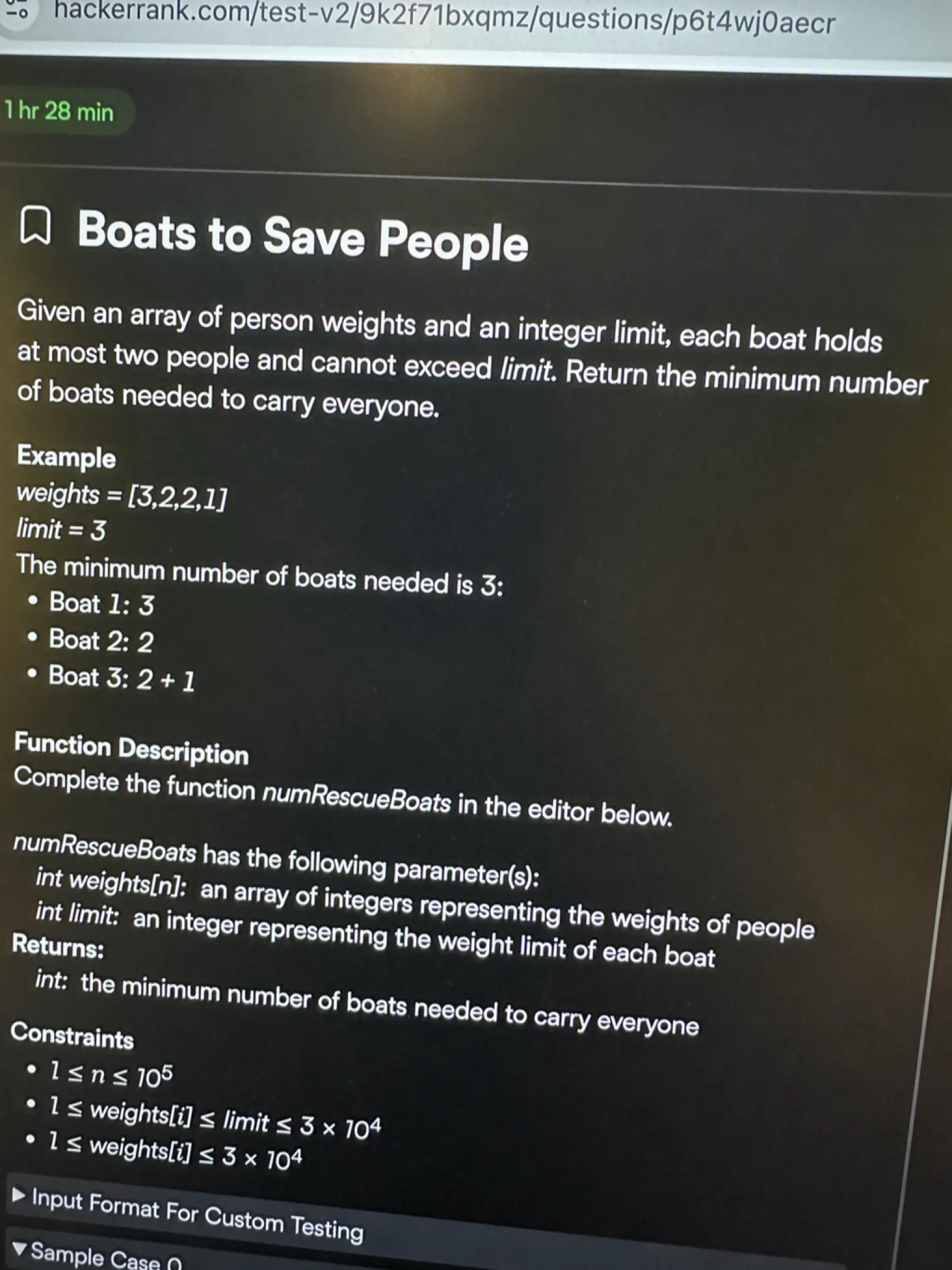 HackerRank OA question 1: Boats to Save People