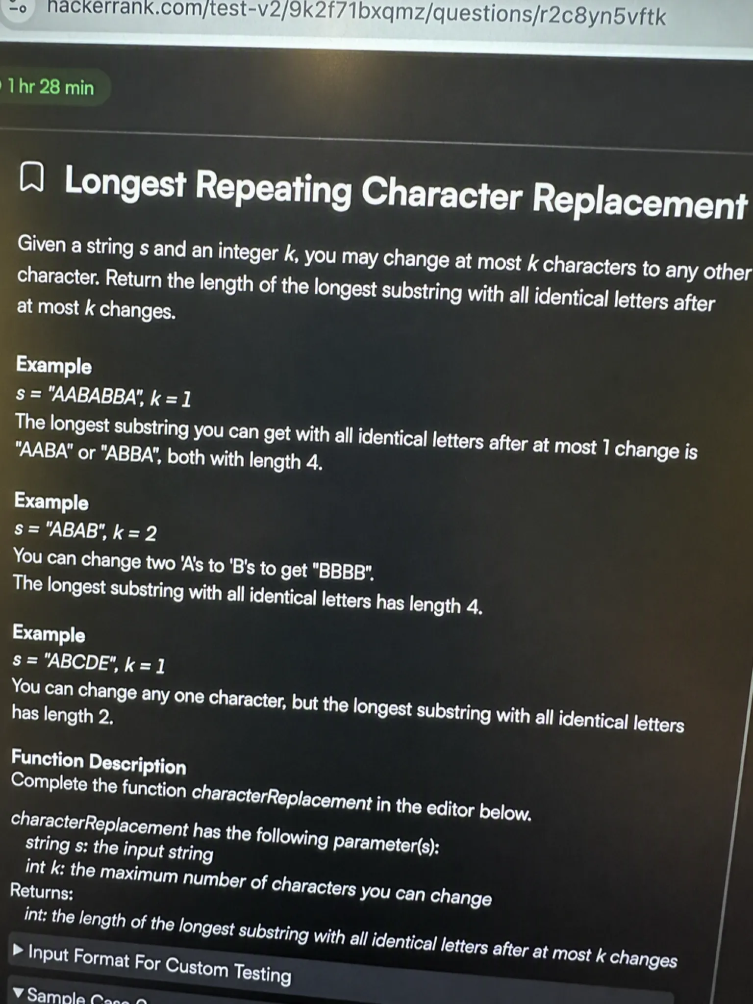 HackerRank OA question 3: Longest Repeating Character Replacement
