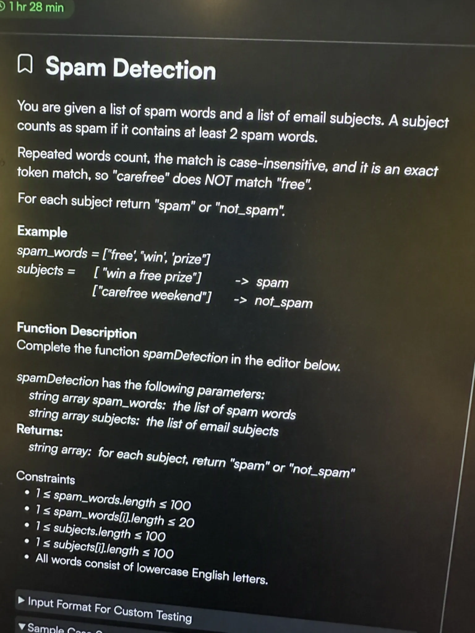 HackerRank OA question 5: Spam Detection
