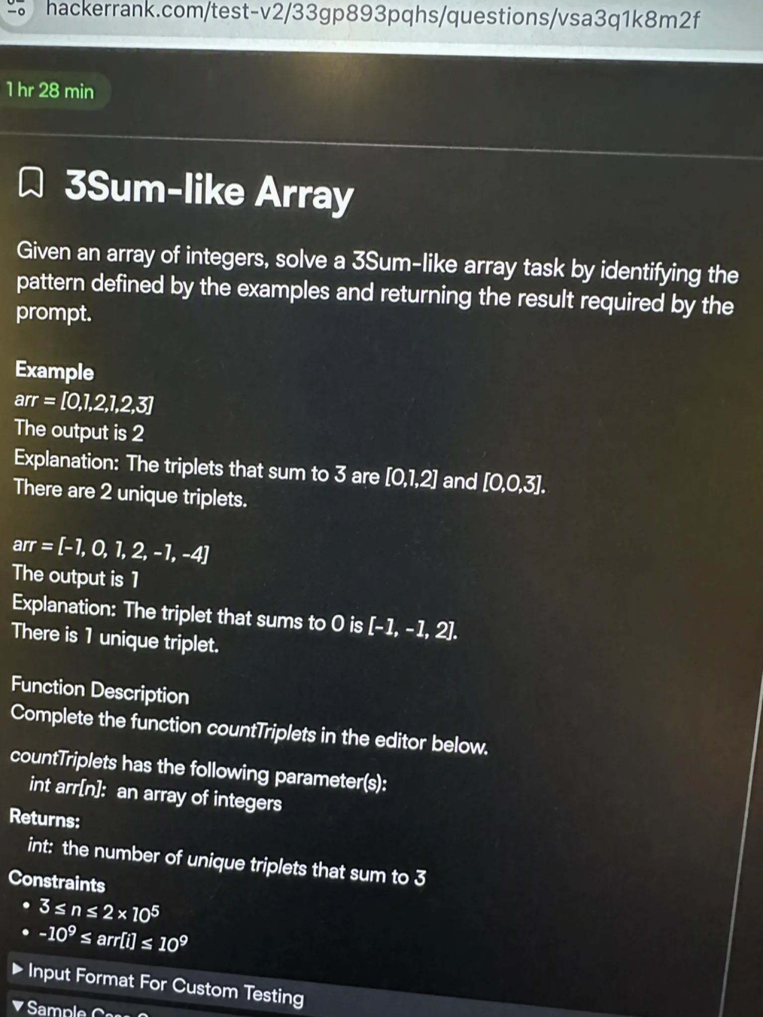 HackerRank OA question 1 — 3Sum-like Array
