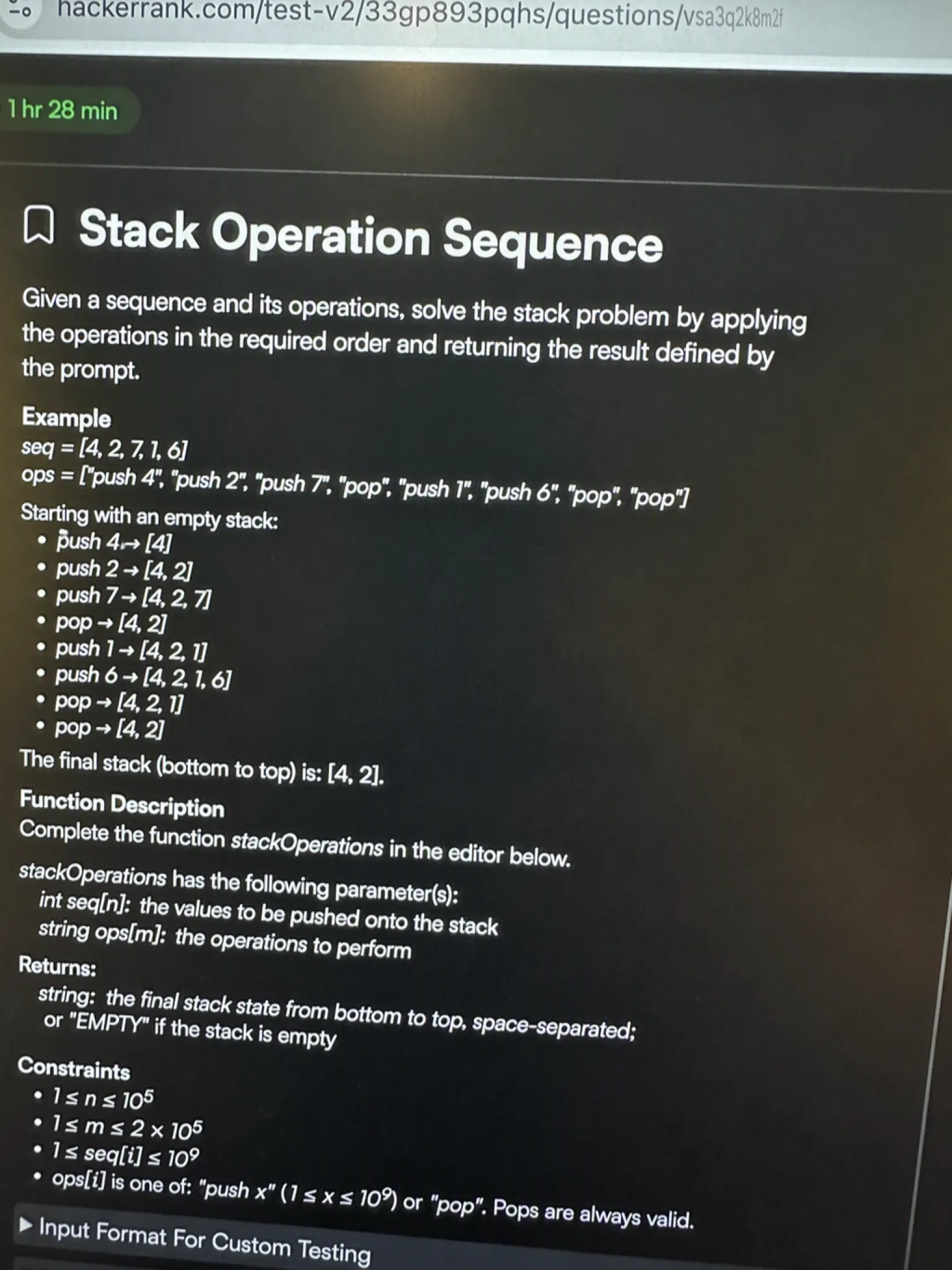 HackerRank OA question 2 — Stack Operation Sequence
