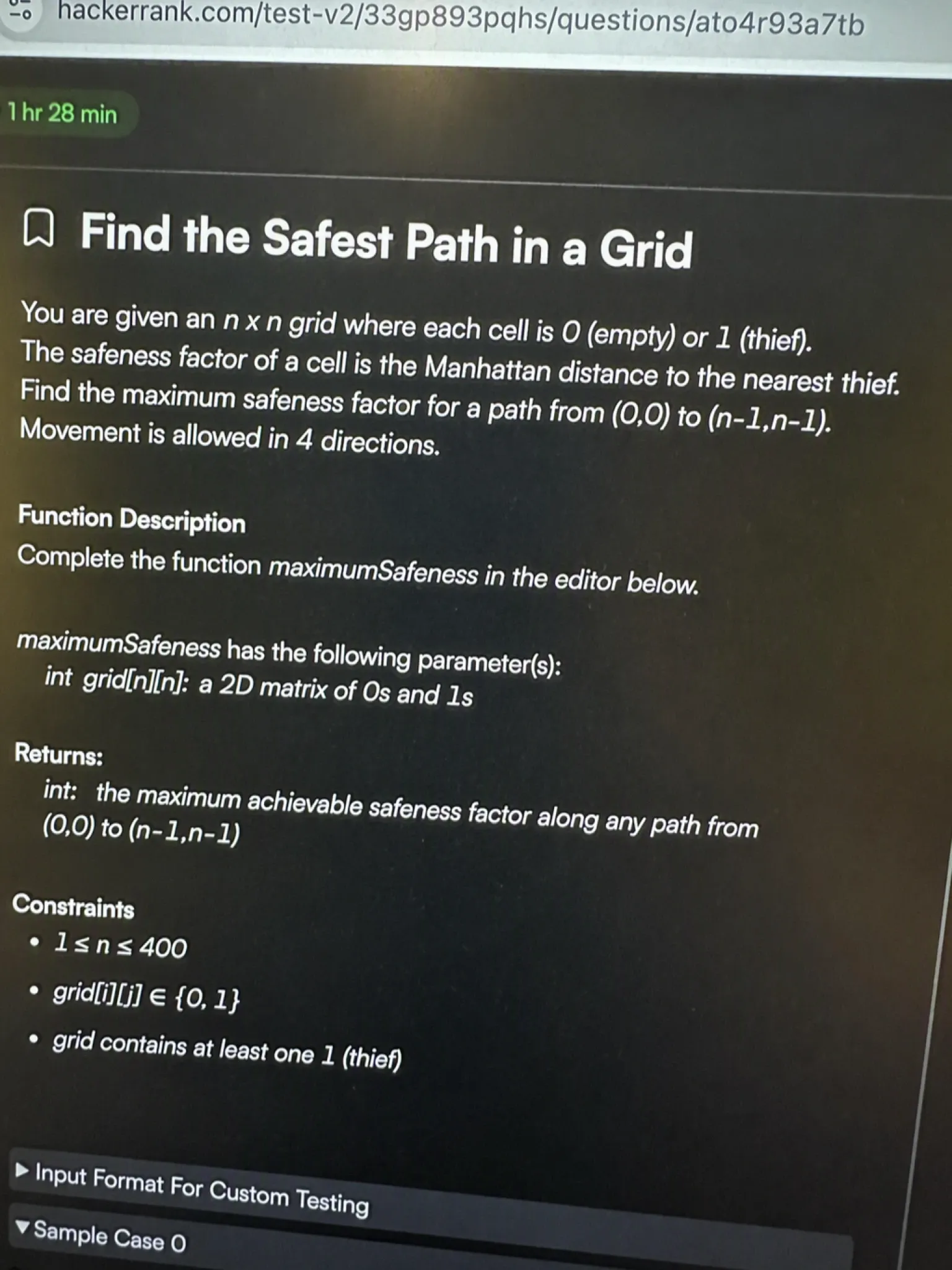 HackerRank OA question 1 — Find the Safest Path in a Grid