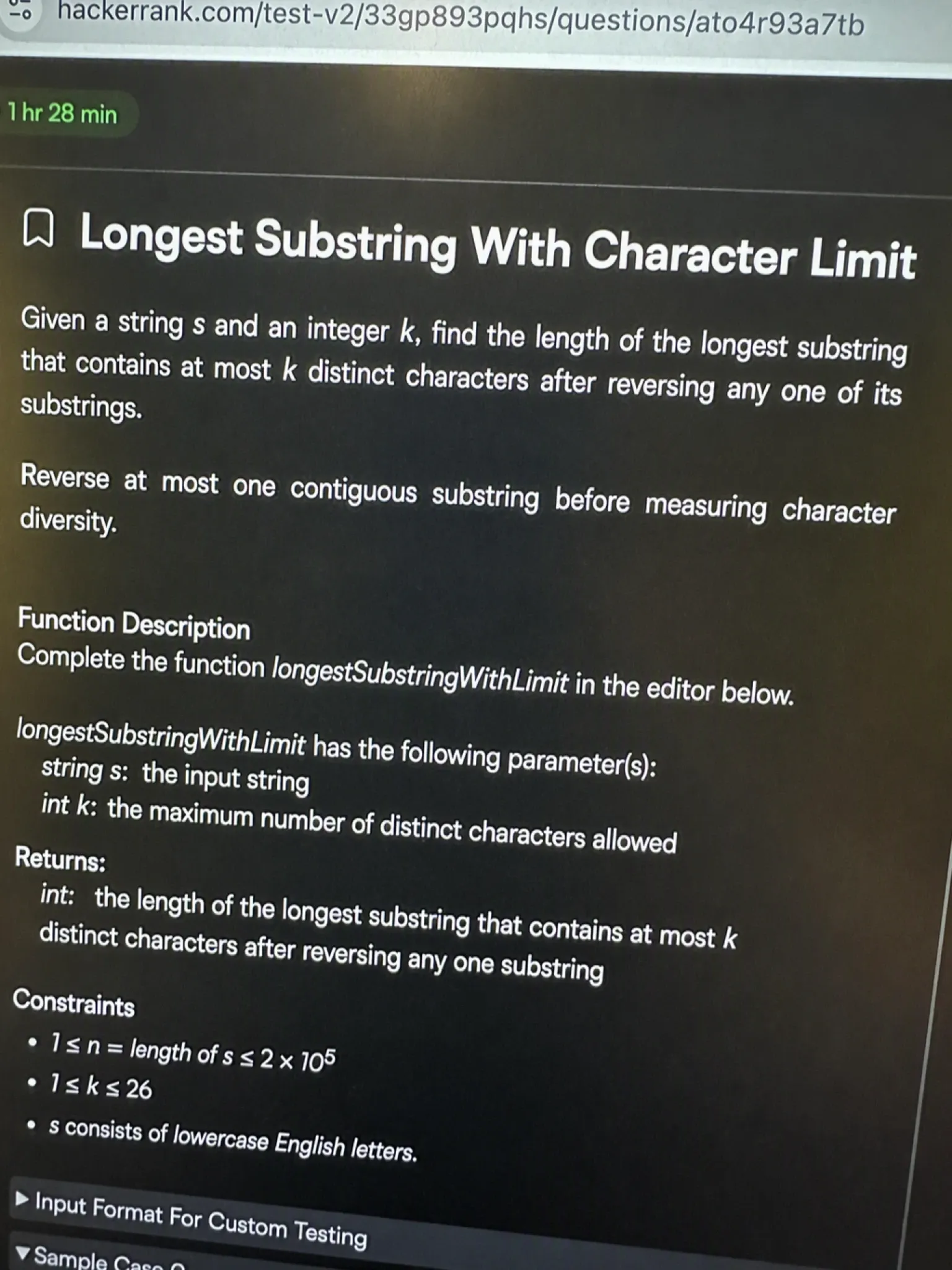HackerRank OA question 2 — Longest Substring With Character Limit