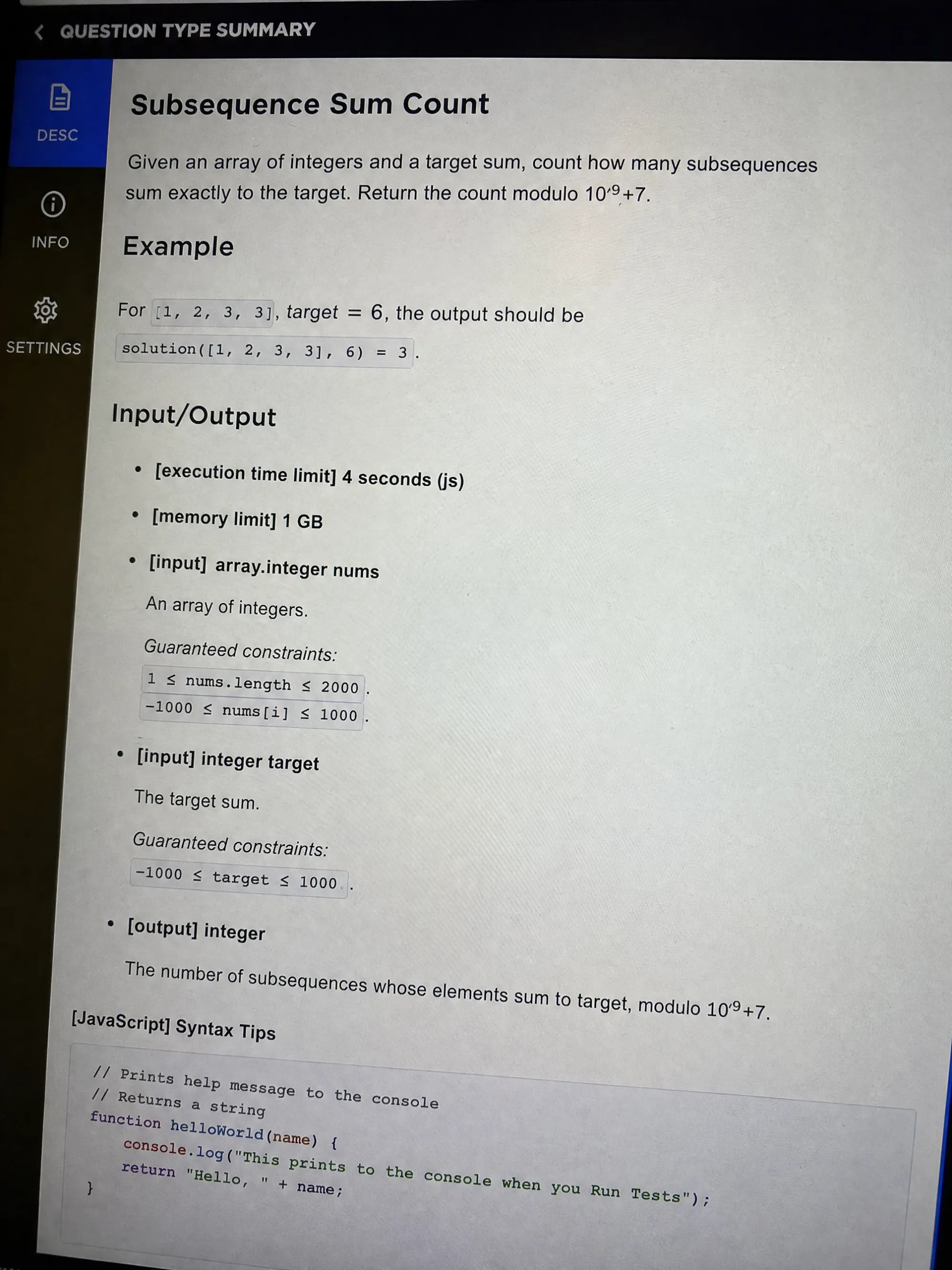 CodeSignal OA question 2 — Subsequence Sum Count