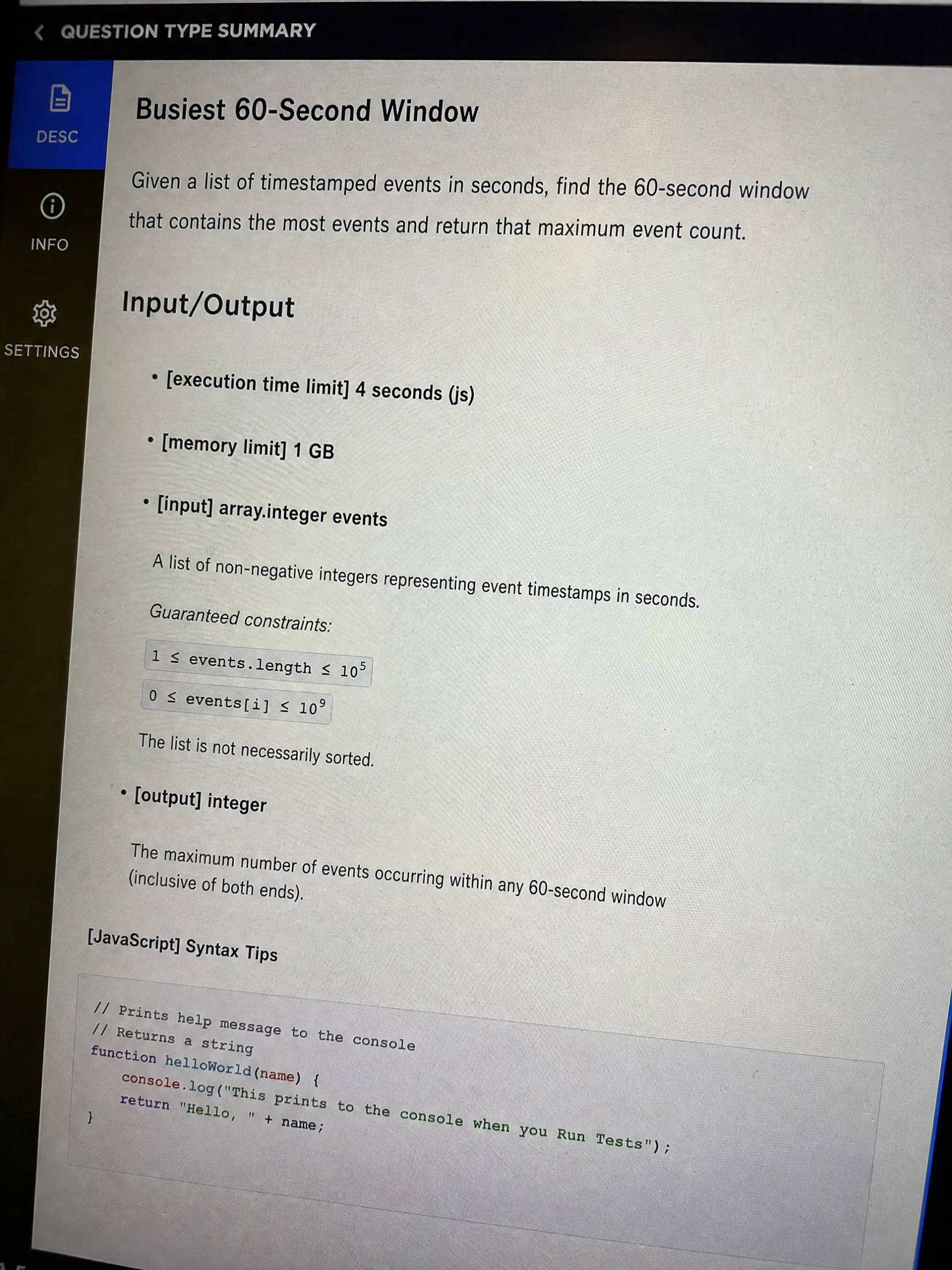 CodeSignal OA question 3 — Busiest 60-Second Window