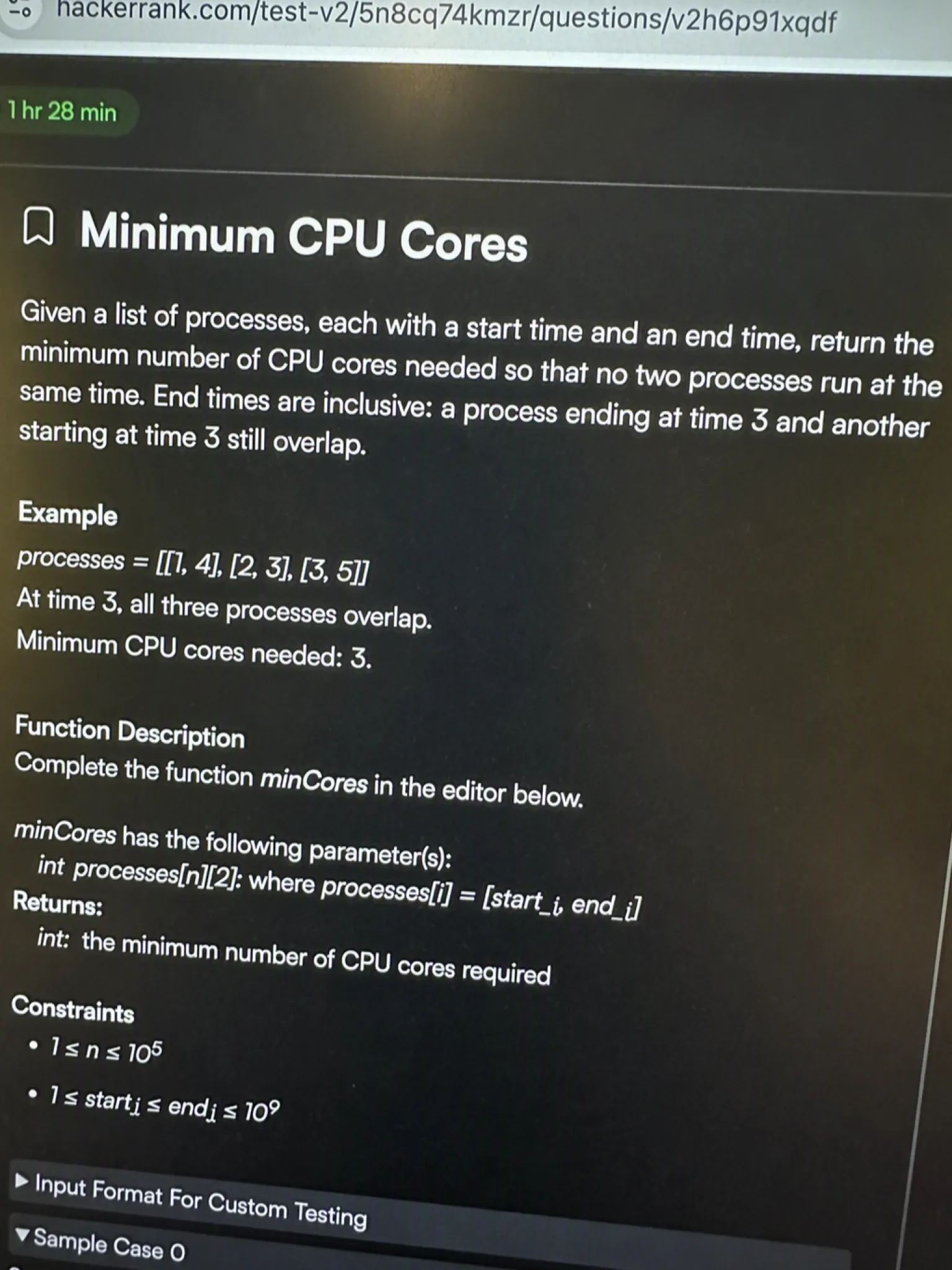 HackerRank OA question 1: Minimum CPU Cores