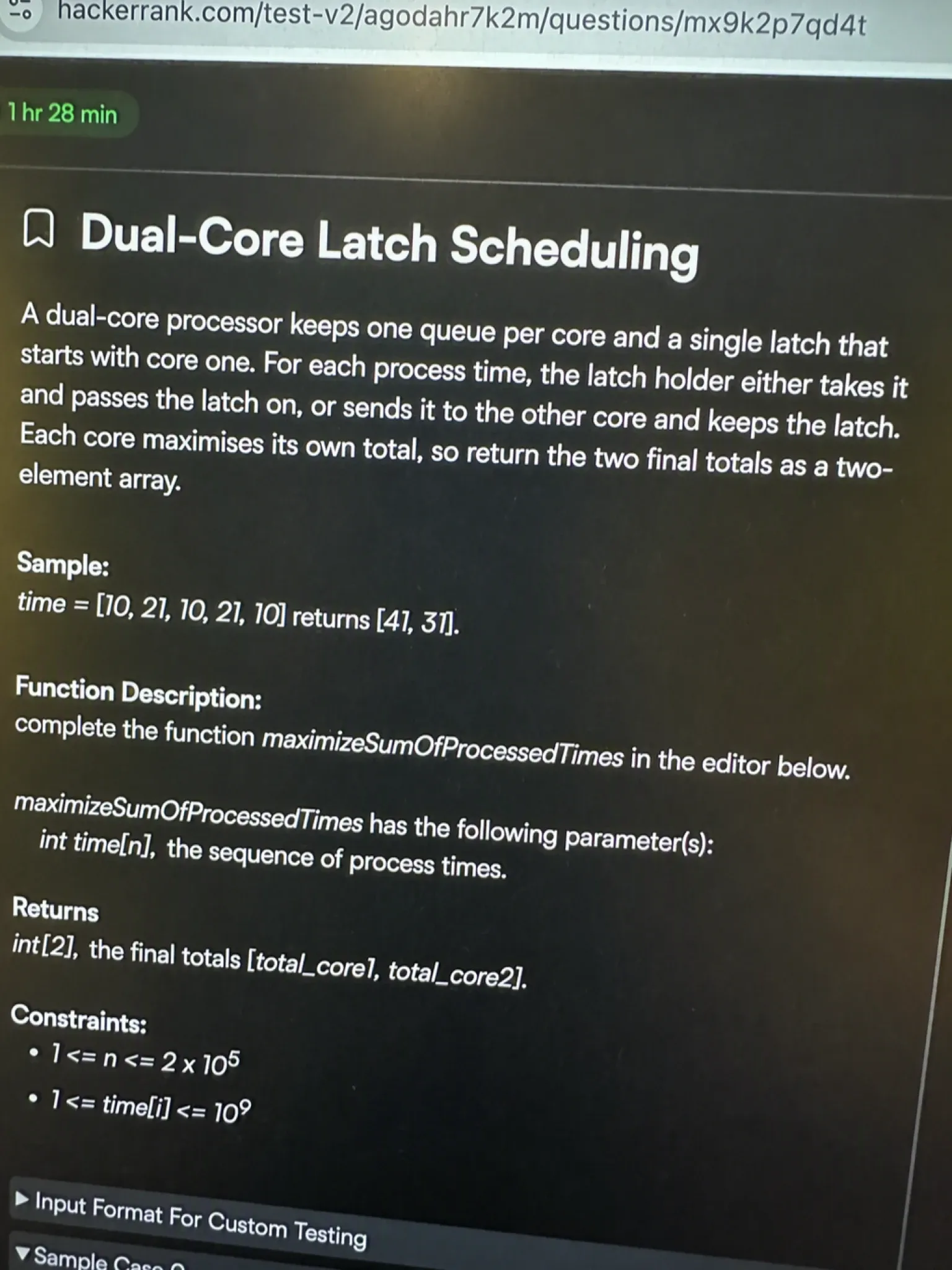 HackerRank OA question 1: Dual-Core Latch Scheduling